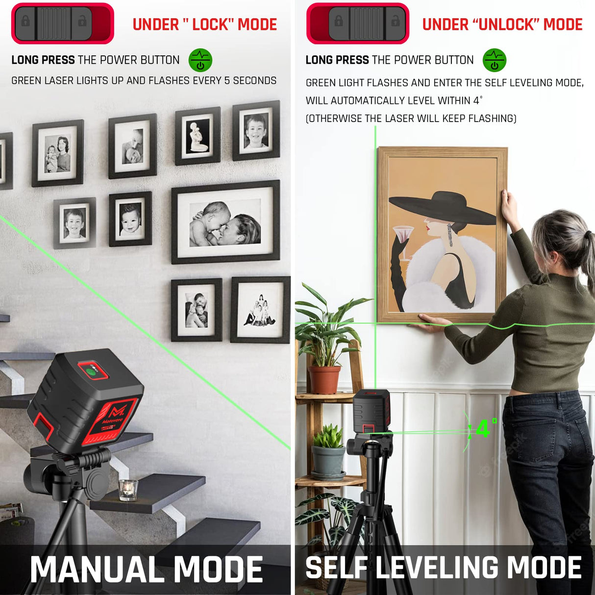 Motovera Laser Level, 100 feet Self Leveling Laser Level, Green Cross Line Self leveling, 4 Brightness Adjustment, Manual Self leveling and Pulse Motovera
