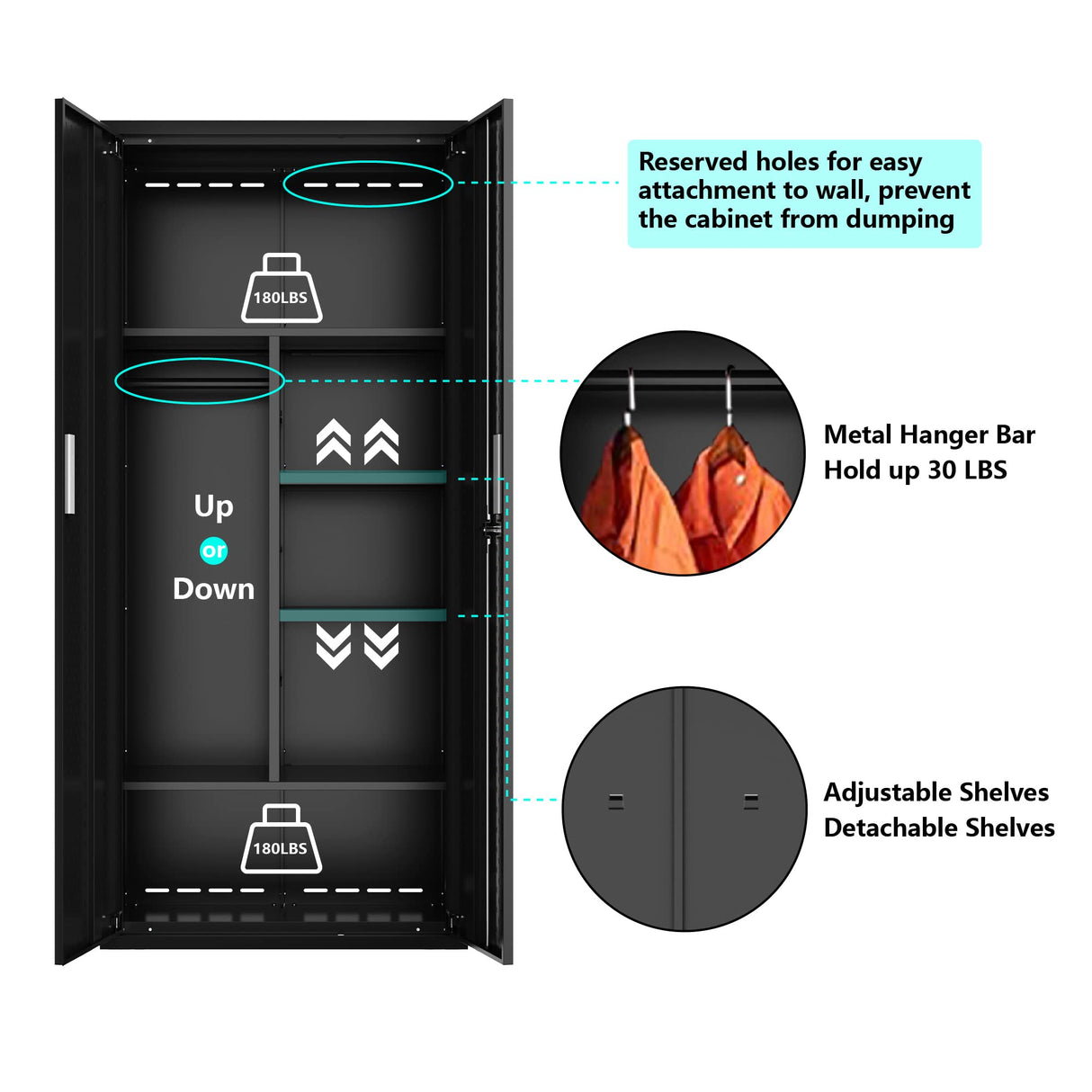 Metal Storage Cabinets Locker for Home Office, 71" Garage Storage Cabinet with Lockable Door,Adjustable Shelves and Hanging Rod, Steel Wardrobe kingwolfox