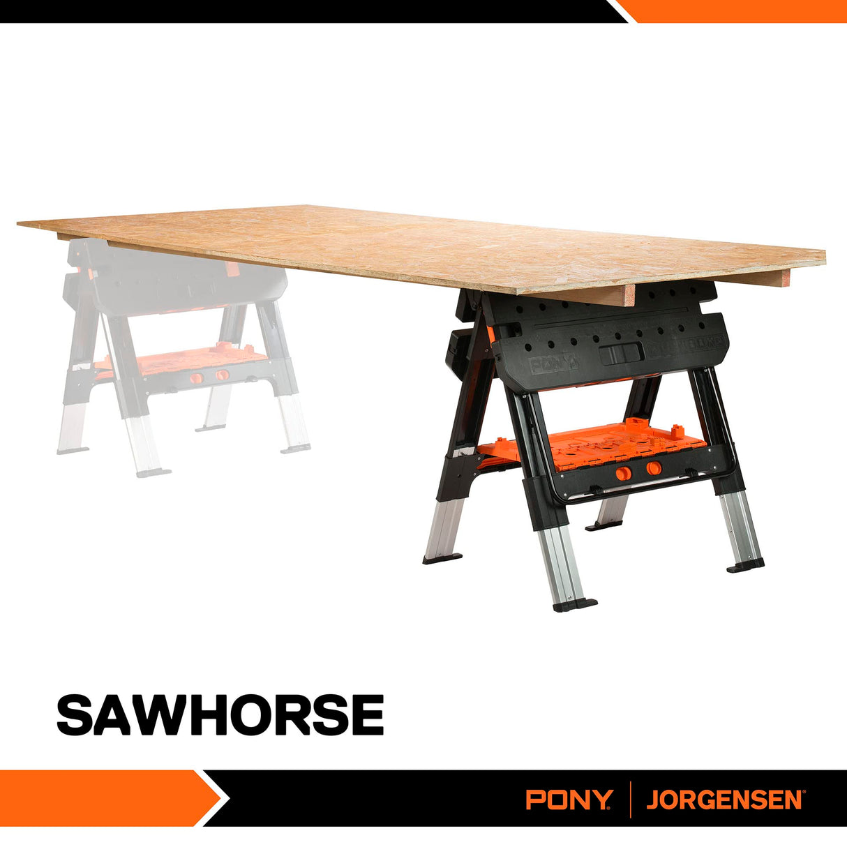 Pony Portable Folding Work Table, 2-in-1 as Sawhorse & Workbench, Load Capacity 1000 lbs-Sawhorse & 500 lbs-Workbench, 31” W×25” D×25”-32”H, with Jorgensen