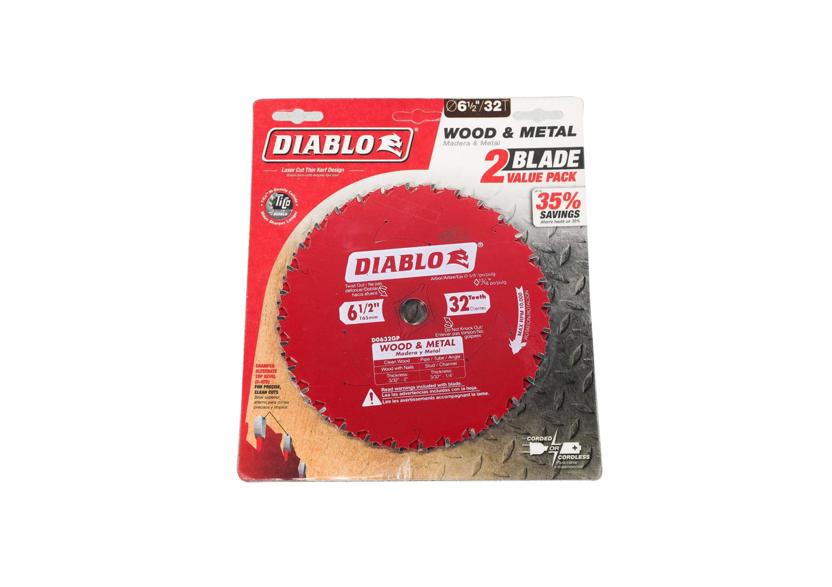 Diablo D0632GPX2 6-1/2" x 32 Tooth Wood and Metal Carbide Circular Saw Blade (2 Pack) Diablo