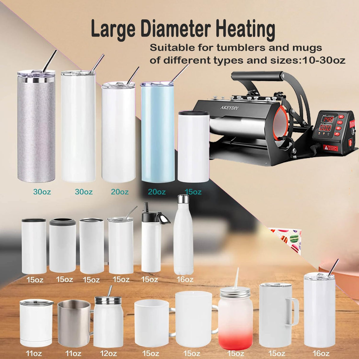 AKEYDIY Tumbler Heat Press 30oz 20oz 16oz Sublimation Tumblers Press Straight Skinny Tumbler Cup Press Glass Jar Cans,Tumbler Mug Heat Press Machine AKEYDIY
