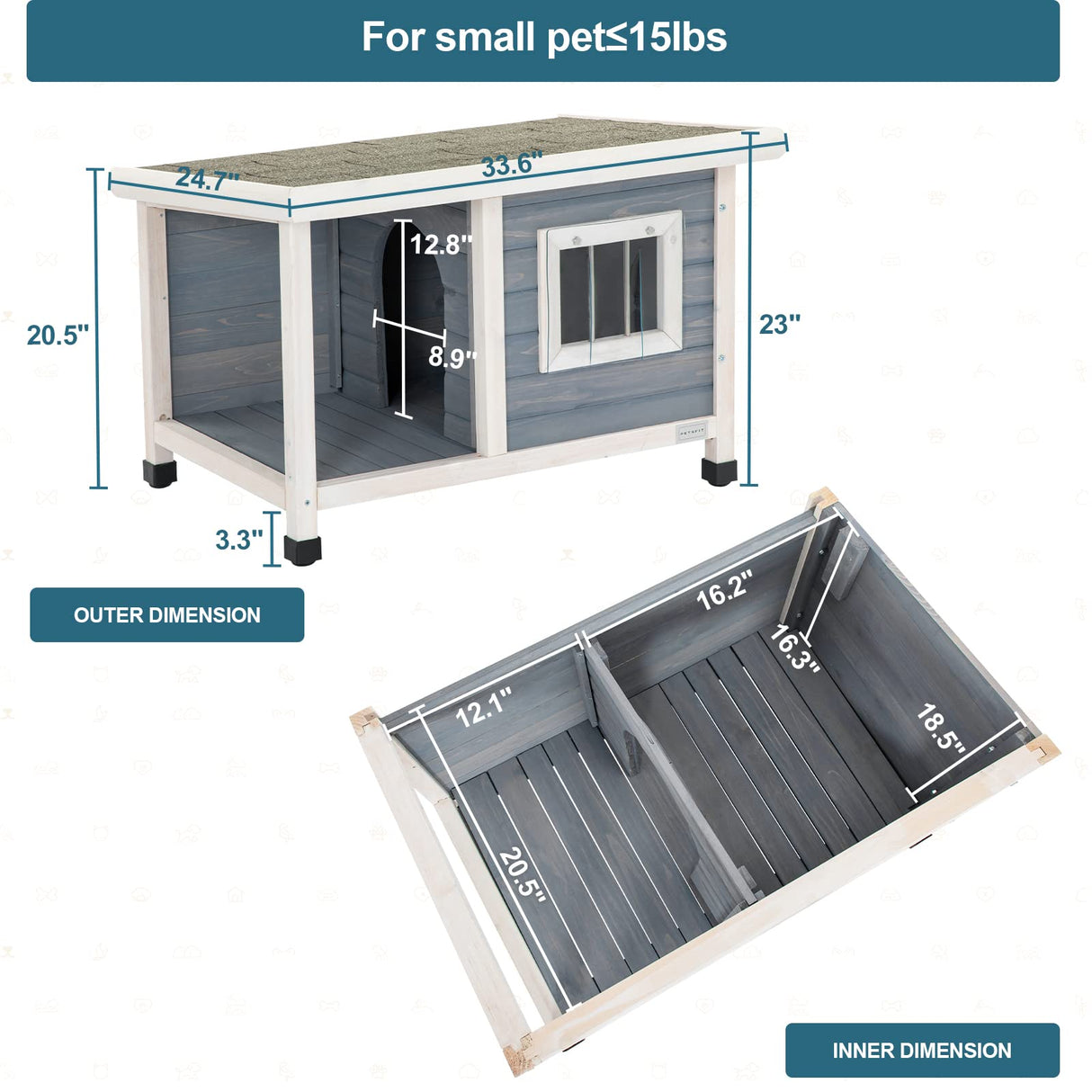 Petsfit Outdoor Wooden Dog House for Small Dogs, Light Grey, Small/33.6" L x 24.7" W x 23" H Petsfit