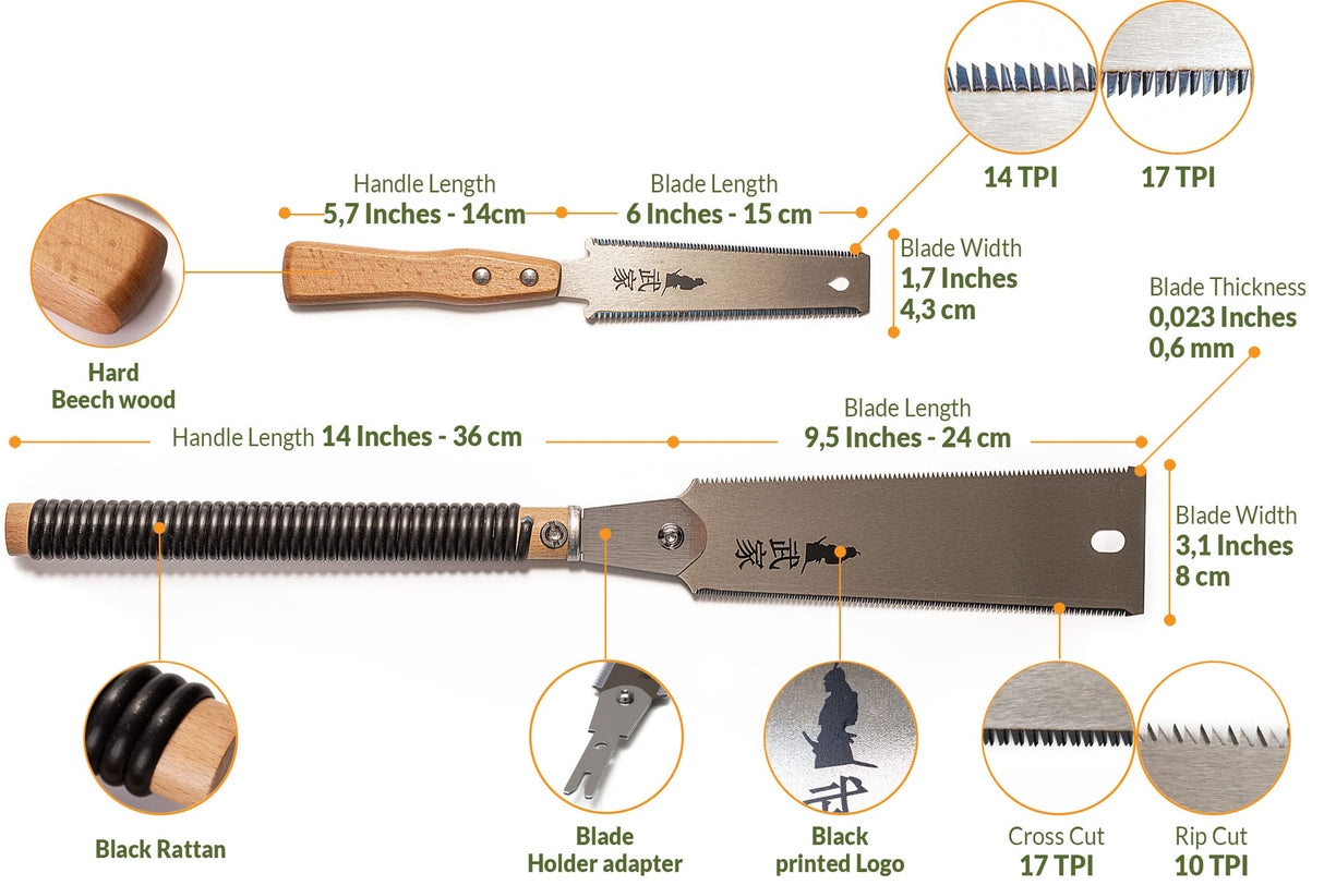 Set of 2 - Ryoba Japanese Pull Saw 9.5 Inch and Flush Cut Saw 6 Inch – Woodworking Tools Ryoba Table Saw – Steel Blades and Wood Handles, Handsaw 2 Clarke Brothers