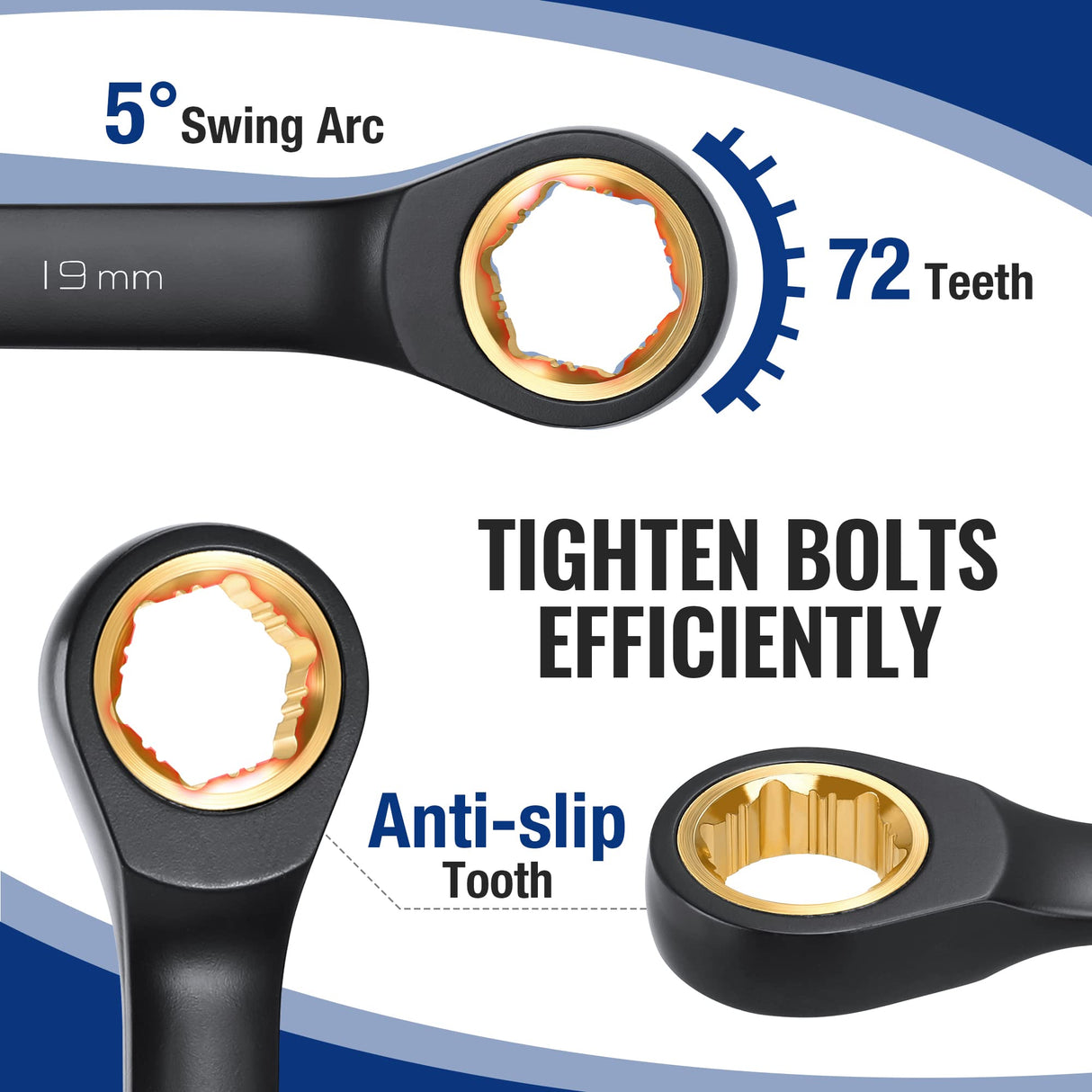 WORKPRO 9-Piece Anti-Slip Ratcheting Combination Wrench Set, Metric 8-19 mm, 72-Tooth, Cr-V Constructed, Black Ratchet Wrenches Set with Roll Up WORKPRO