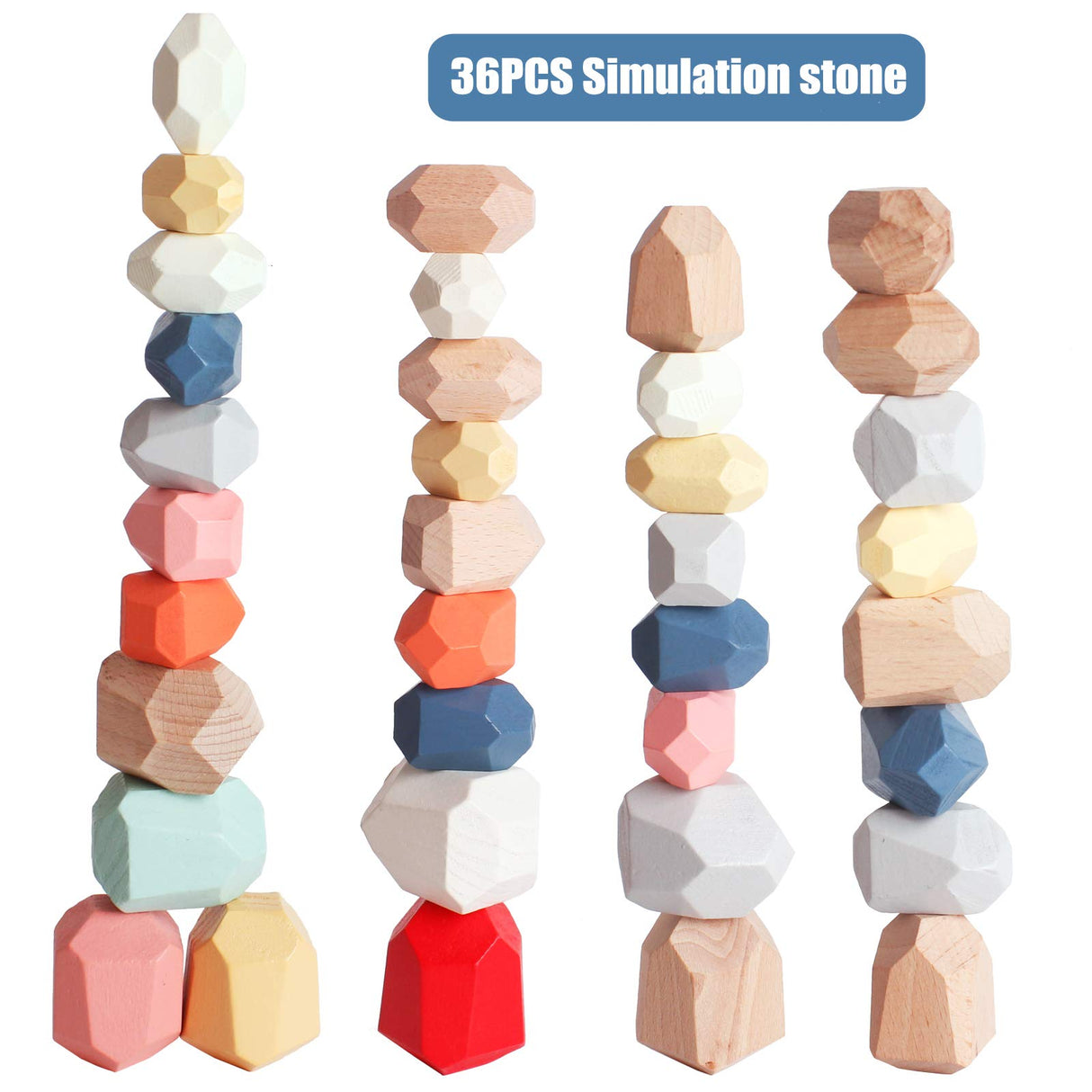 BESTAMTOY 36 PCS Wooden Sorting Stacking Rocks Stones,Sensory Toddler Toys Learning Montessori Toys, Building Blocks Game for Kids 1 2 3 4 5 6 Years BESTAMTOY