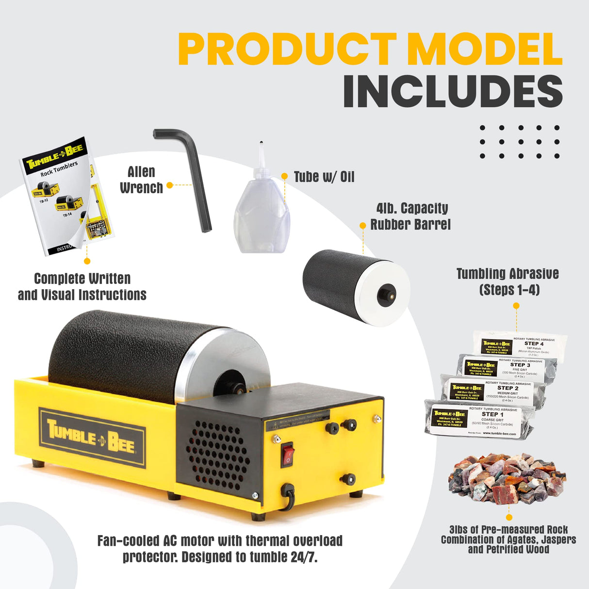 Tumble-Bee Rotary Rock Tumbler with Rock Grit Polish Kit - Rock Polisher Machine, Tumbling Equipment for Stone, Glass, and Metal Collection, Tumble-Bee