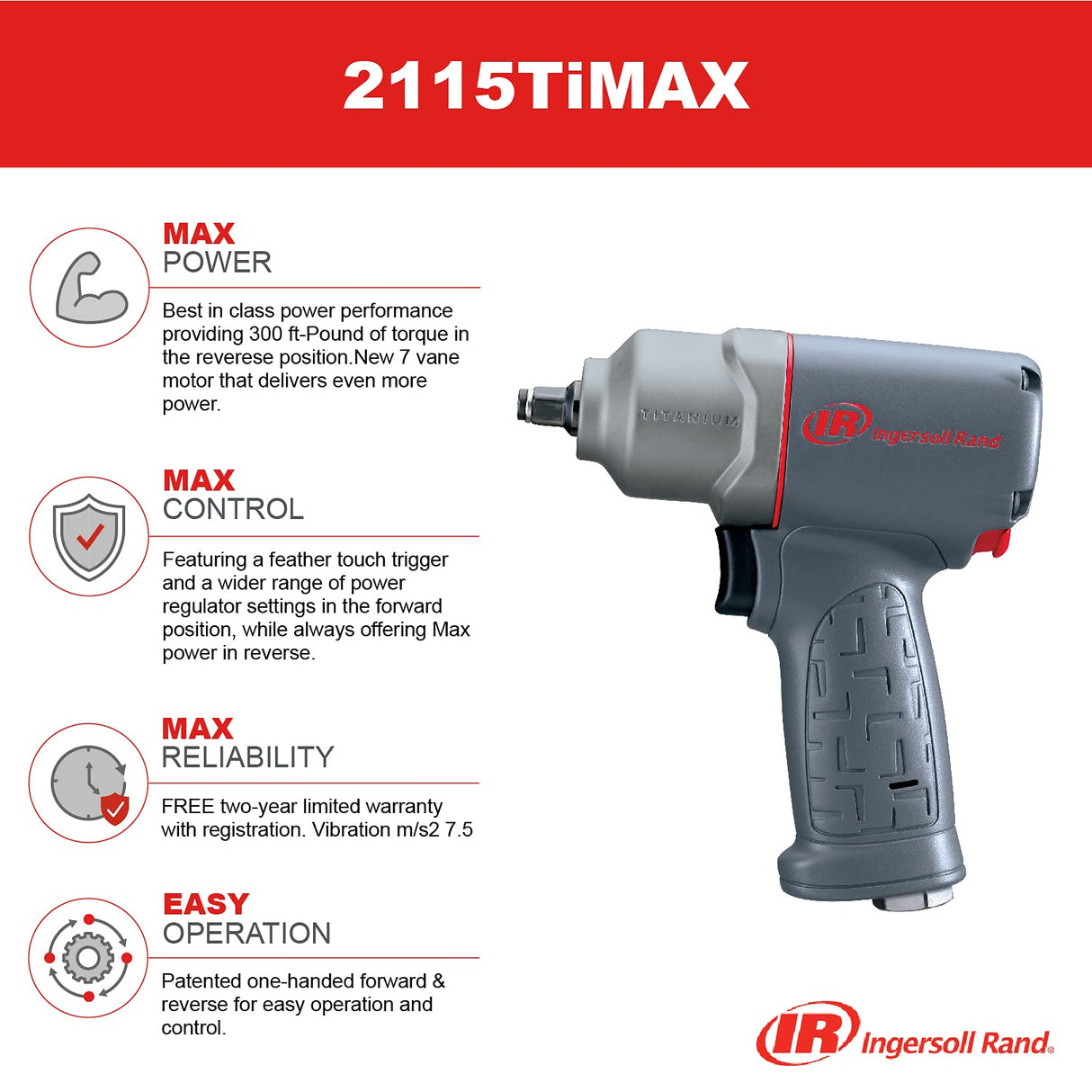 Ingersoll Rand 2115TiMAX 3/8” Drive Air Impact Wrench –Powerful Reverse Torque Output Up to 1,350 ft/bs, 7 Vane Motor, Light Touch Trigger, Max Ingersoll Rand