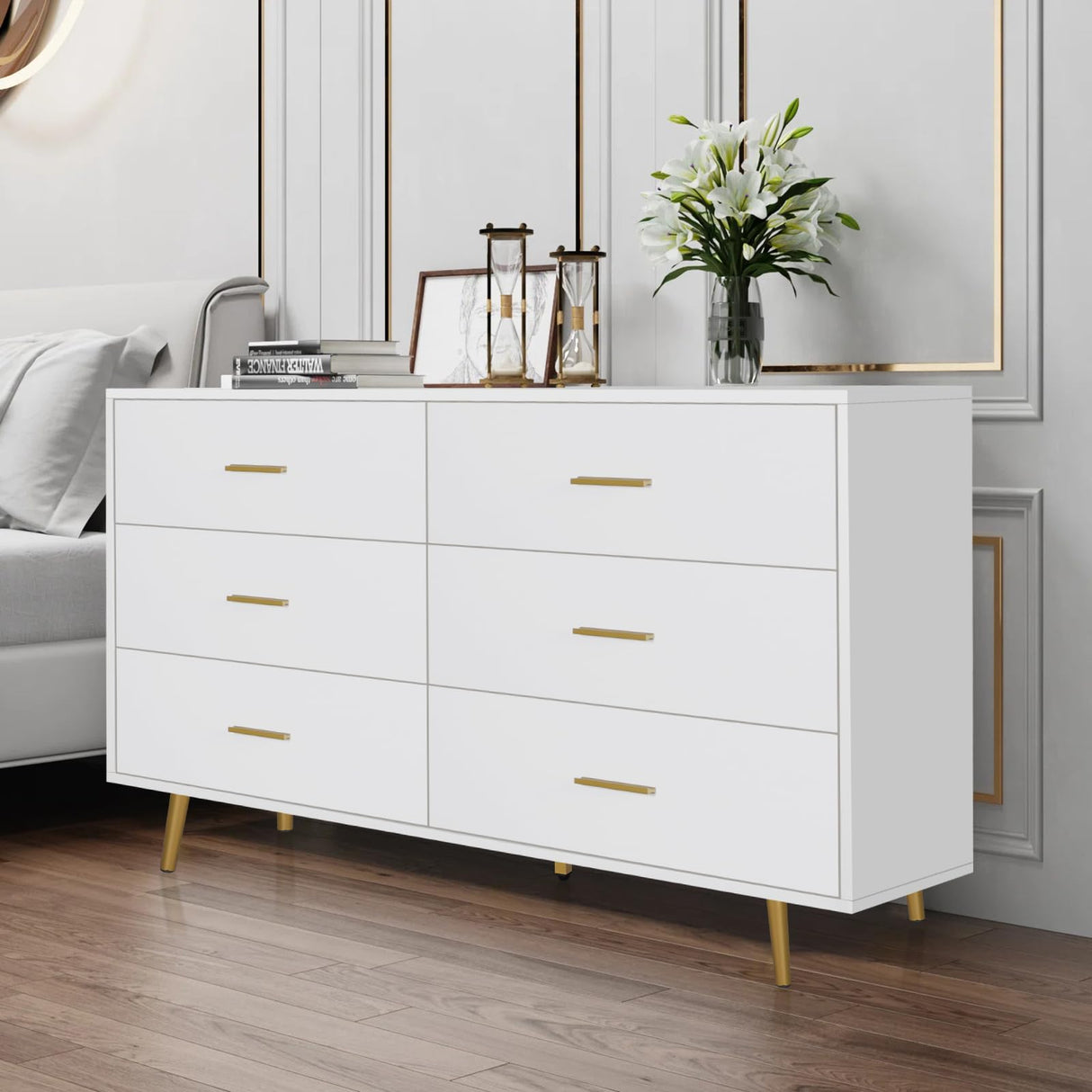 Polar Aurora Wood Dresser for Bedroom,Wood Mid Century Modern Chests of Drawer,6 Drawer Double Dresser with Metal Handles for Bedroom, Hallway, Polar Aurora