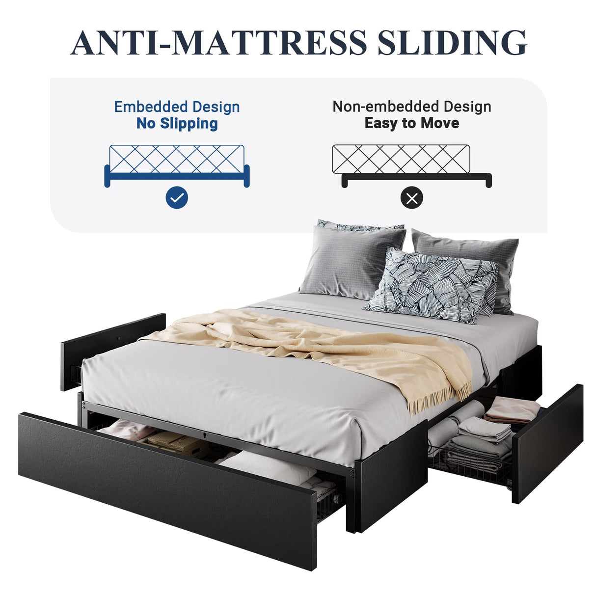 Allewie Queen Size Modern Platform Bed Frame with 3 Storage Drawers and Faux Leather Upholstery Allewie