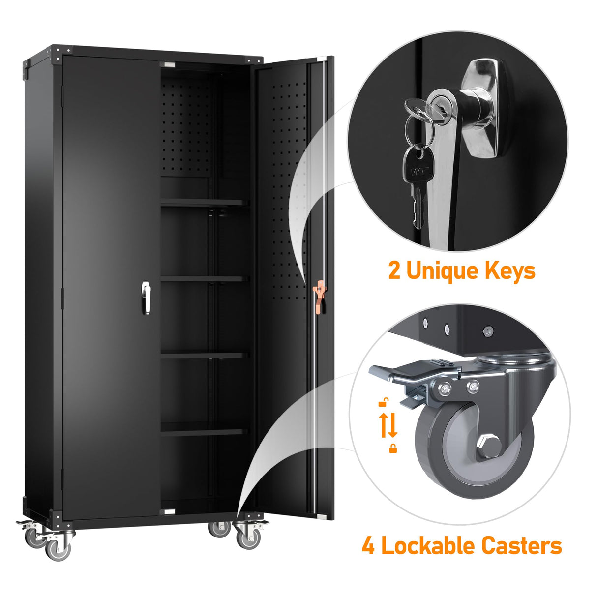 Aobabo 72 Inch Locking Metal Garage Storage Cabinet with Universal Rubber Wheels with Lockable Casters, Pegboards, and Magnetic Doors, Black Aobabo