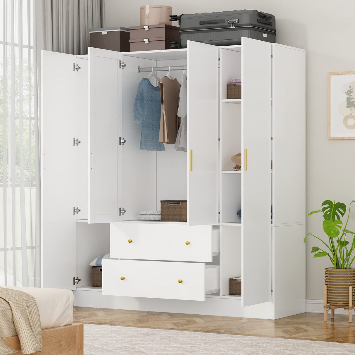 ECACAD Wardrobe Armoire with Mirror, 5-Tier Shelves, 2 Drawers, 2 Hanging Rods and 4 Doors, Wooden Closet Storage Cabinet for Bedroom, White (63”W x ECACAD