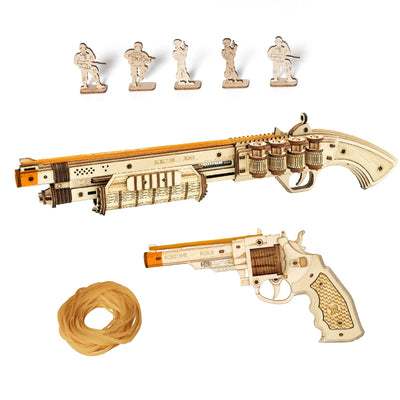 ROKR 3D Wooden Puzzles Combat Game Gun Toys Mechanical Model with Villains Targets & Rubber Bands for Teens/Adults