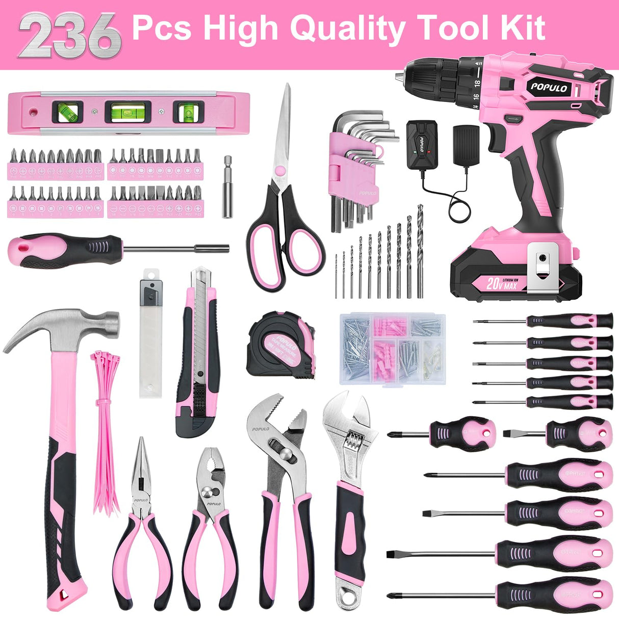 POPULO Pink Tool Kit 236-Piece with Cordless 20V 2000mAh Power Drill Driver, Lady's Basic Home Tool Set with 12-Inch Pink Tool Bag, Electric Drill populo