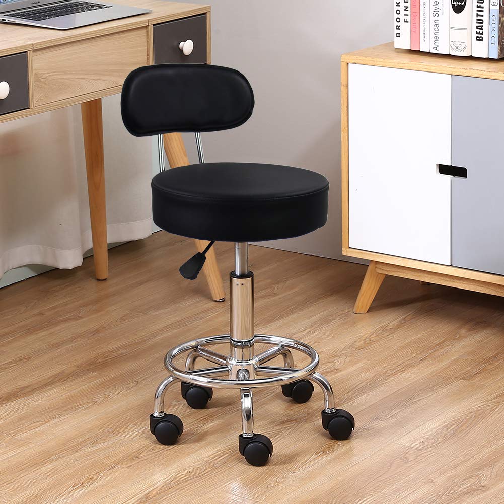 KKTONER PU Leather Rolling Stool Mid-Back with Footrest Height Adjustable Office Computer Home Drafting Swivel Task Chair with Wheels (Black) KKTONER