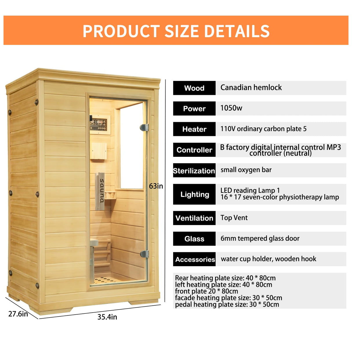 Zugoni 1 Person Mini Far Infrared Sauna Room, Wood Side-Opening Indoor Sauna Low EMF 5 Heating Panels 1050W Infrared Therapy for Personal Wooden Dry Zugoni