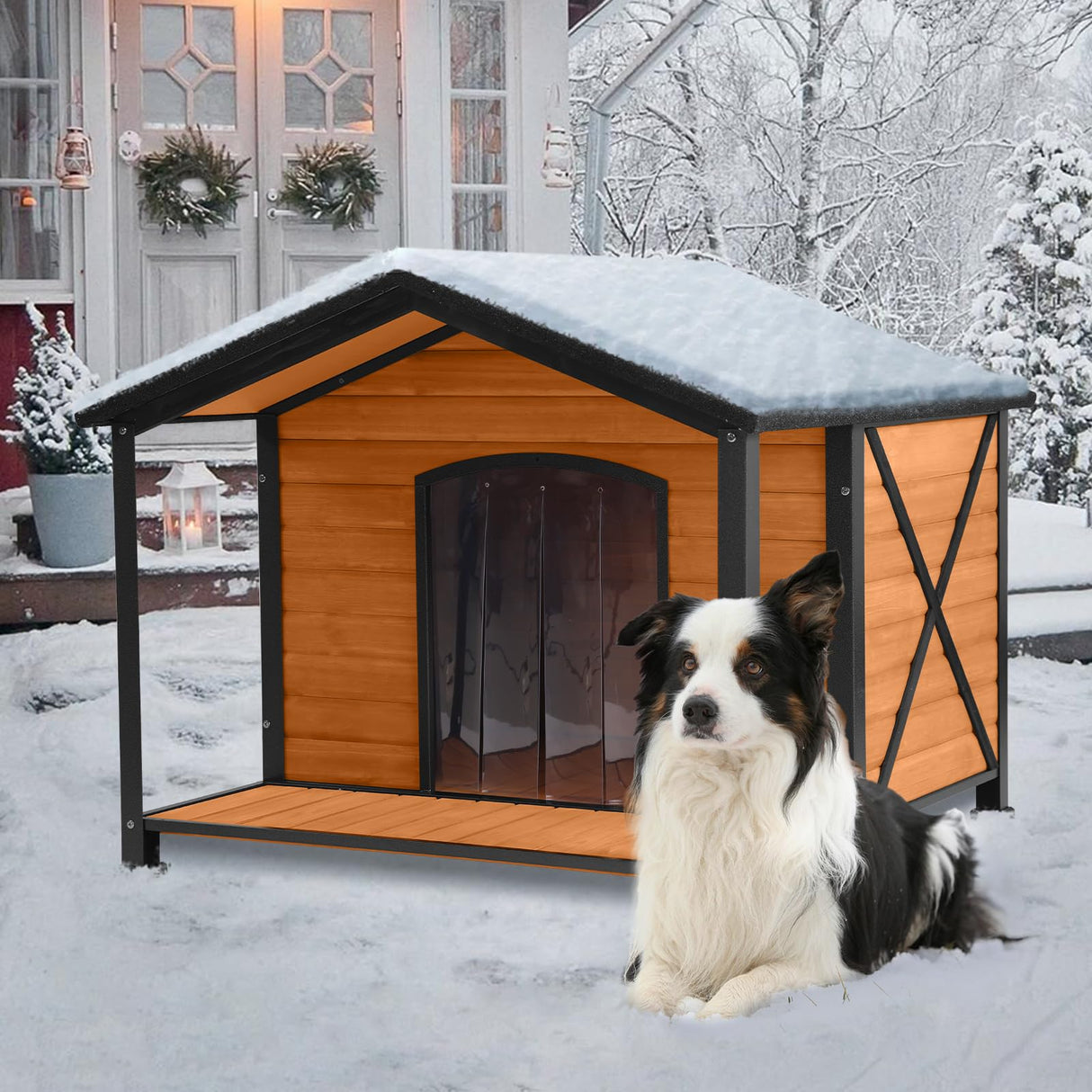 Suumerpety Outdoor Dog House,Weatherproof Wooden Dog Shelter for Small to Medium Sized Dogs,Iron Frame Indoor Outdoor Doghouse,Puppy Kennel,Pets Warm Suumerpety