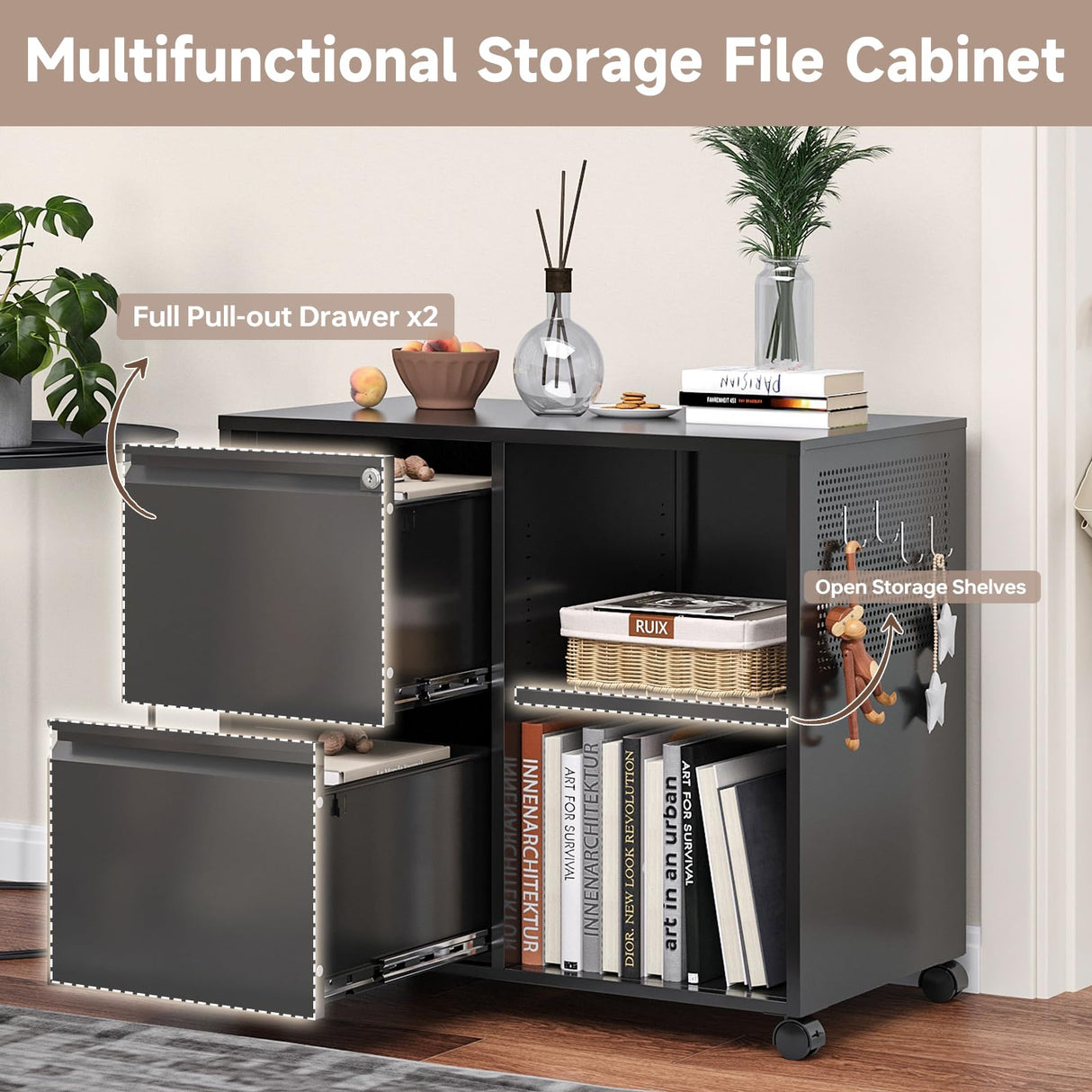 AFAIF Lateral File Cabinet, 2 Drawer File Cabinet with Lock, Printer Cabinet Printer Stand with Storage, Metal Mobile Filing Cabinet Home Office AFAIF