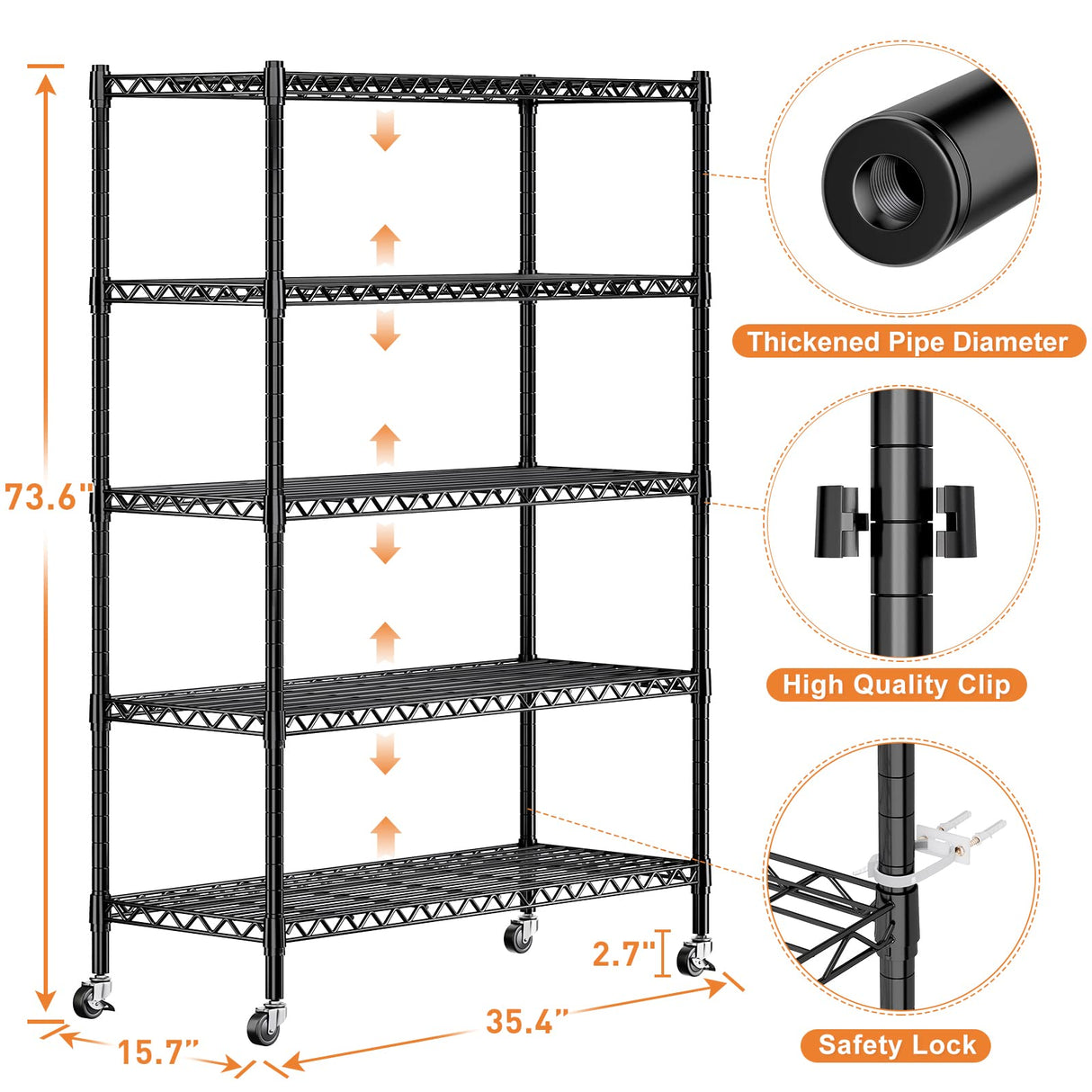 REIBII Wire Shelving Rack with Wheels Storage Shelves with Wheels 73.6" H Metal Shelving Unit Load 1750LBS Adjustable 5 Tier Metal Shelves for REIBII