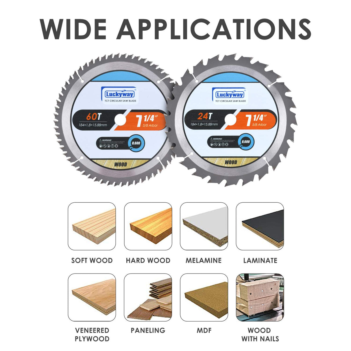 Luckyway 2-Pack 7-1/4 Inch 24T Framing & 60T Finish with 5/8 Inch Arbor TCT Circular Saw Blade for Cutting Wood Luckyway