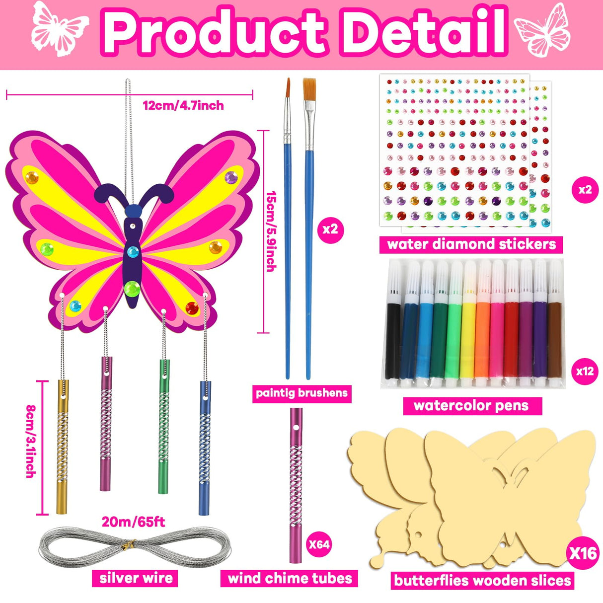 16 Pack Butterfly Wind Chime Kits Butterfly Crafts for Kids Make Your Own Butterfly Wind Chime Wooden DIY Arts and Crafts for Summer Party School gisgfim