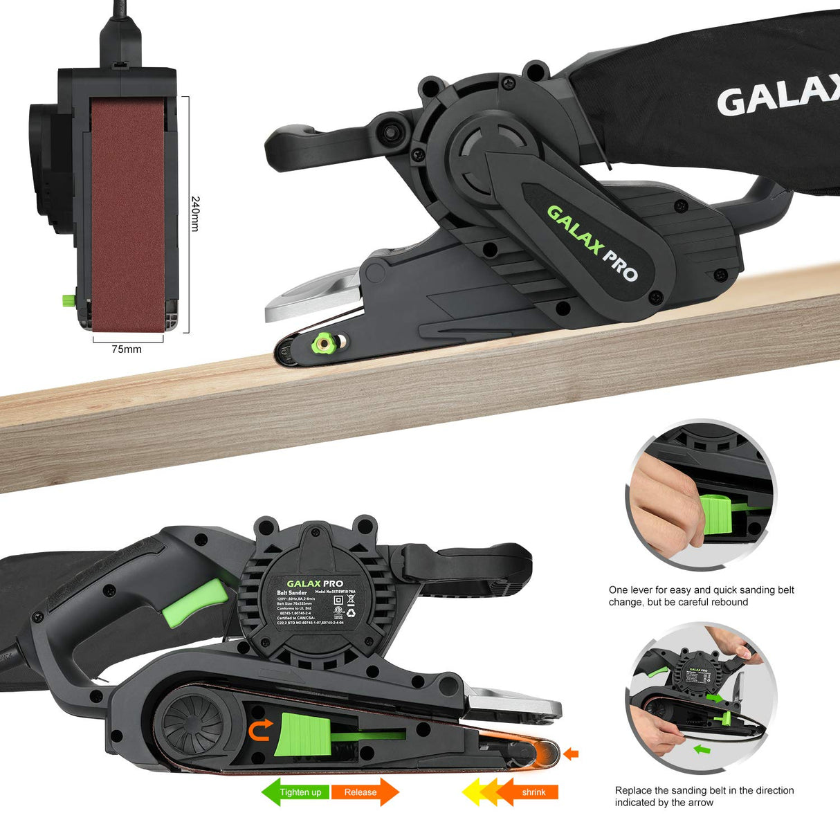 GALAX PRO 8 Amperes Belt Sander 120-380RPM with Variable Speed Settings, 5 Pieces Sanding Belts(3x21 Inch) and Dust Bag for Stock Removal GALAX PRO