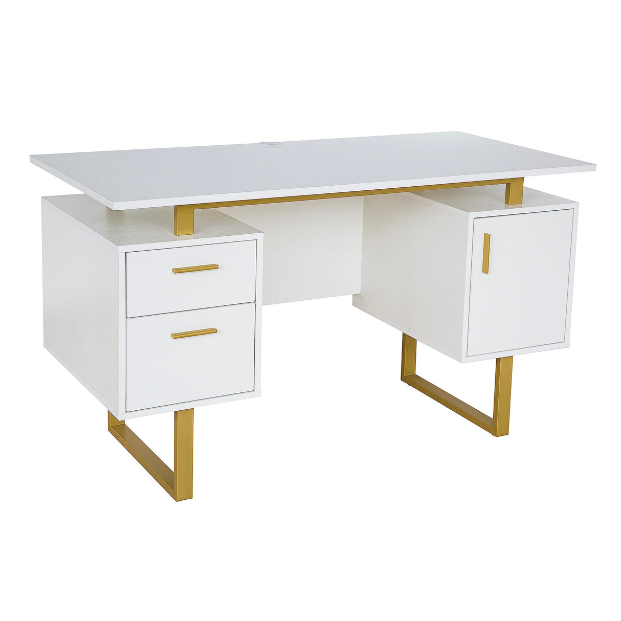 Techni Mobili Storage Drawers and Cabinet 51.25” W-Modern Office Large Floating Desktop Surface Desk, White/Gold Techni Mobili