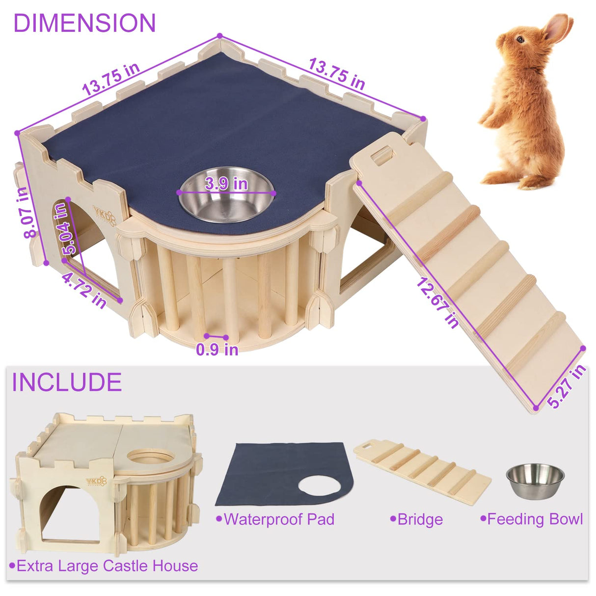 Large Guinea Pig Castle, Natural Wood Rabbit House with Ladder and Hay Feeder, Small Animal Hideout for Rabbit Guinea Pig Hedgehog Chinchilla YKD