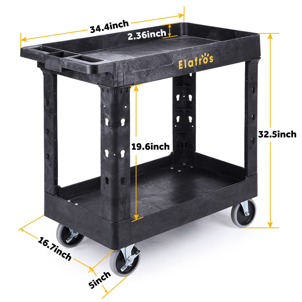 ELAFROS Heavy Duty Plastic Utility Cart 34 x 17 Inch - Work Cart Tub Storage W/Deep Shelves and Full Swivel Wheels Safely Holds up to 550 lbs - 2 ELAFROS