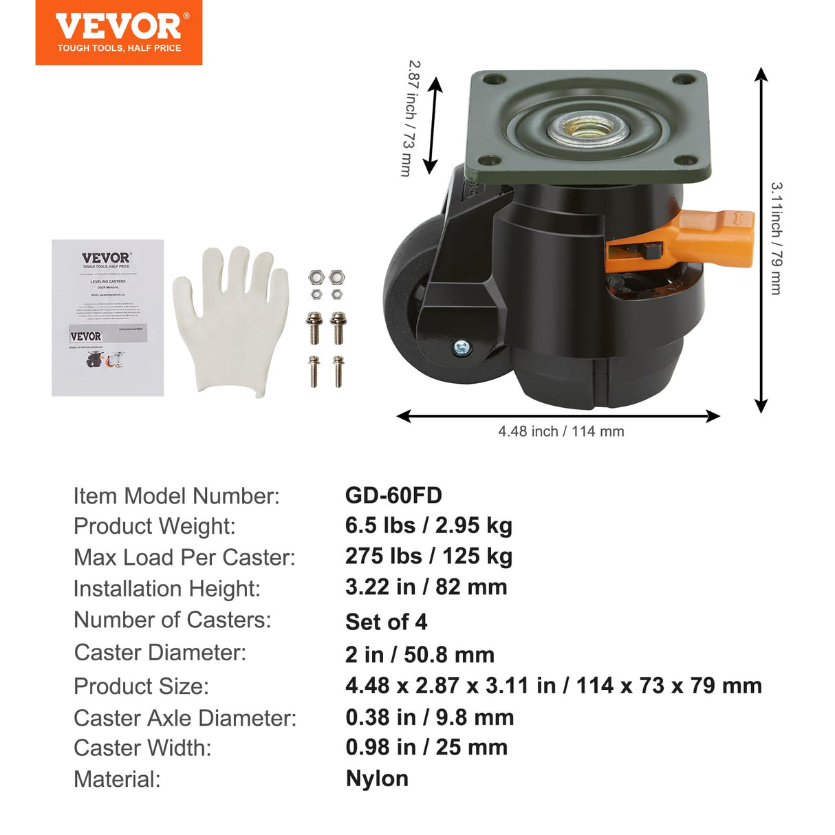 VEVOR Leveling Casters, Set of 4, 2200 lbs Total Load Capacity, 2 inches, Heavy Duty with Upgraded Handle Design, 360 Degree Swivel Caster Wheels, VEVOR