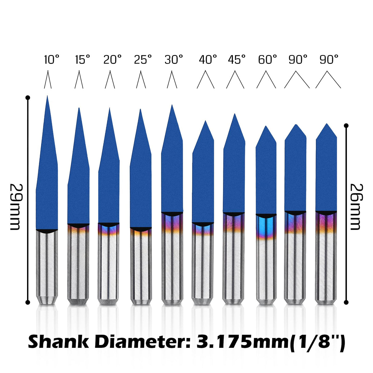 Genmitsu 10 Pcs 1/8'' Shank CNC Router Bits Set, Flat V-bit & Triangular V-bit, 20 /30 /45 /60 /90 Degree 0.1mm Tip, Nano Blue Coat, Engraving Tool Genmitsu