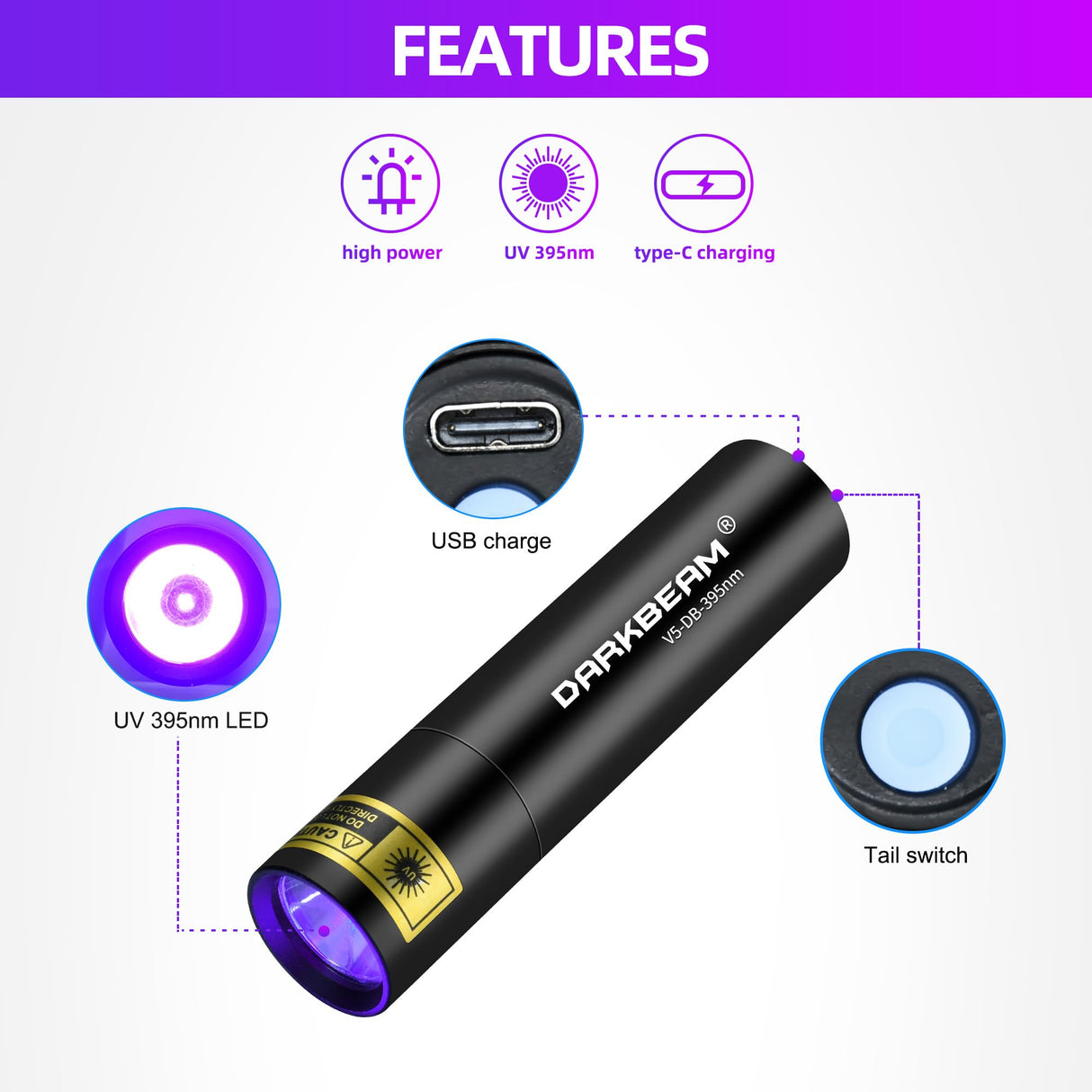 DARKBEAM Flashlight UV Black Light 395 NM, Mini but Powerful USB- C LED Rechargeable Woods Lamp, Ultraviolet Flashlights for Pet Dog Urine, Stains DARKBEAM