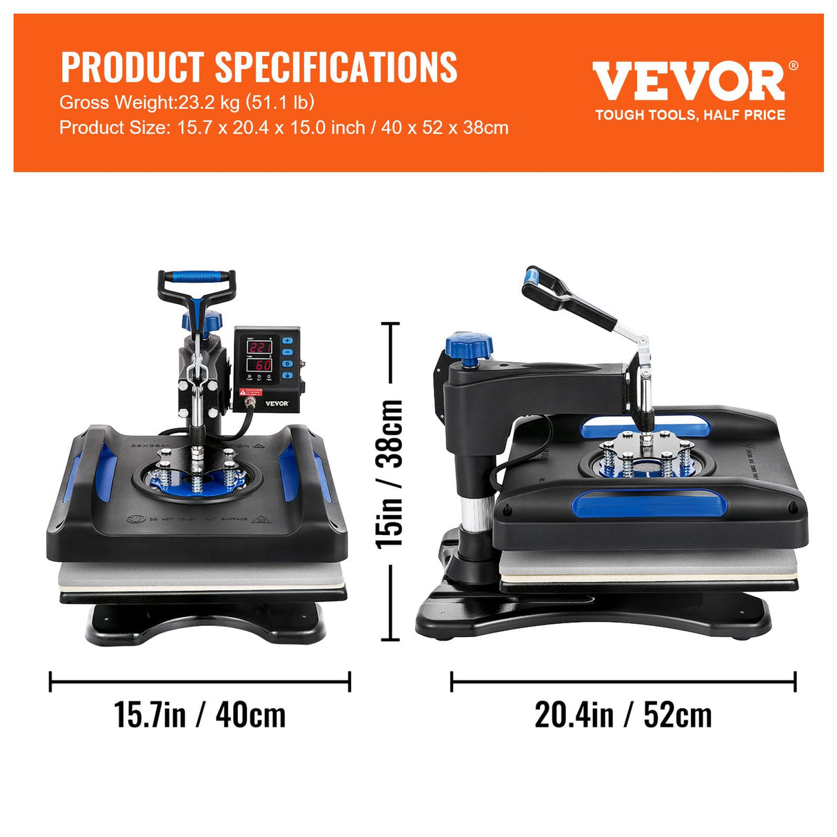 VEVOR Heat Press, Upgrade 5 in 1 Heat Press Machine for T-Shirt Hat Cap Mug Plate Sublimation, 15x15 inch Anti-Scald Fast Swing Away Digital Control VEVOR