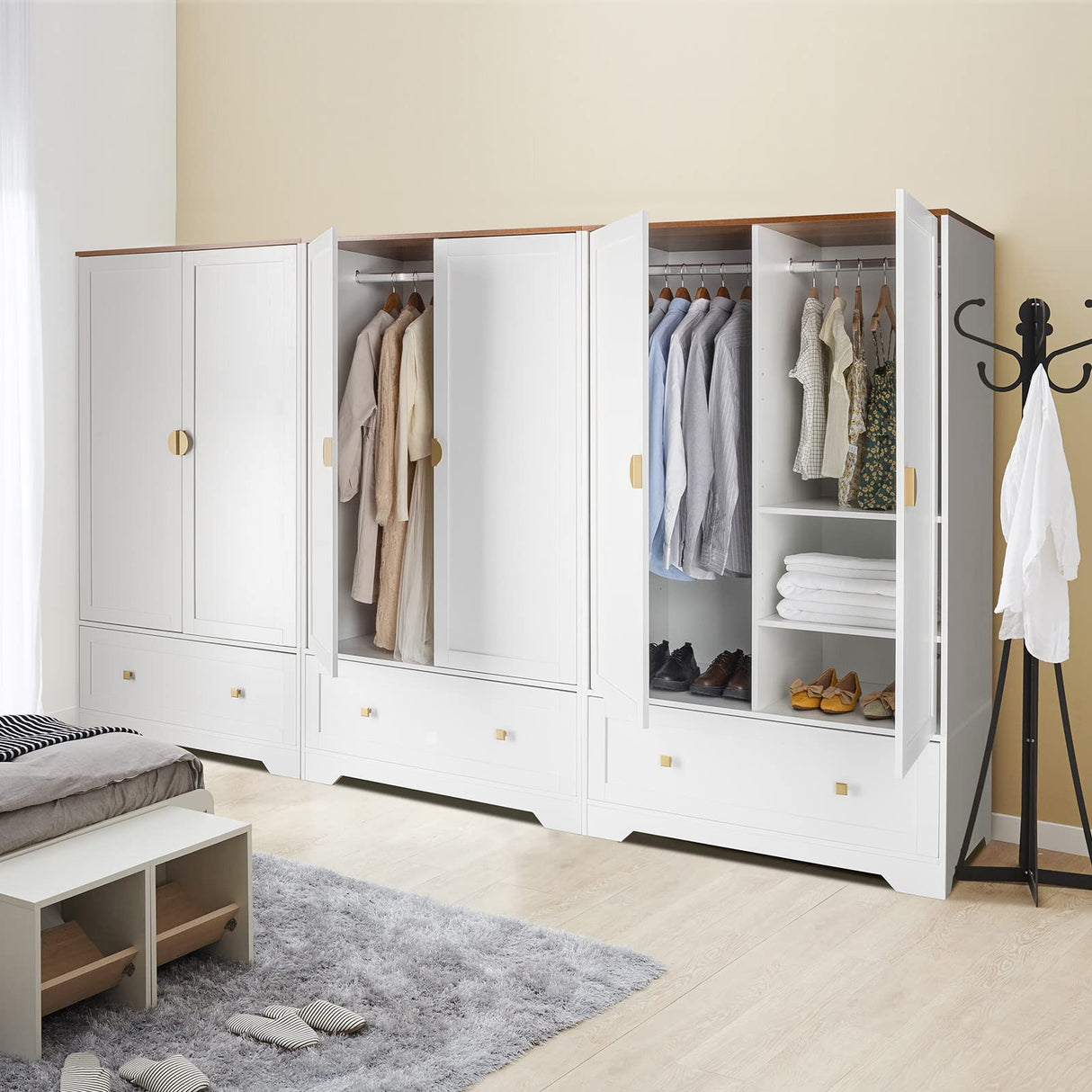 VINGLI Wide Wardrobe Closet, White Armoire Wardrobe with Hanging Rod, Shelves and Drawer, Freestanding Closet Wardrobe Cabinet, Armoires and VINGLI