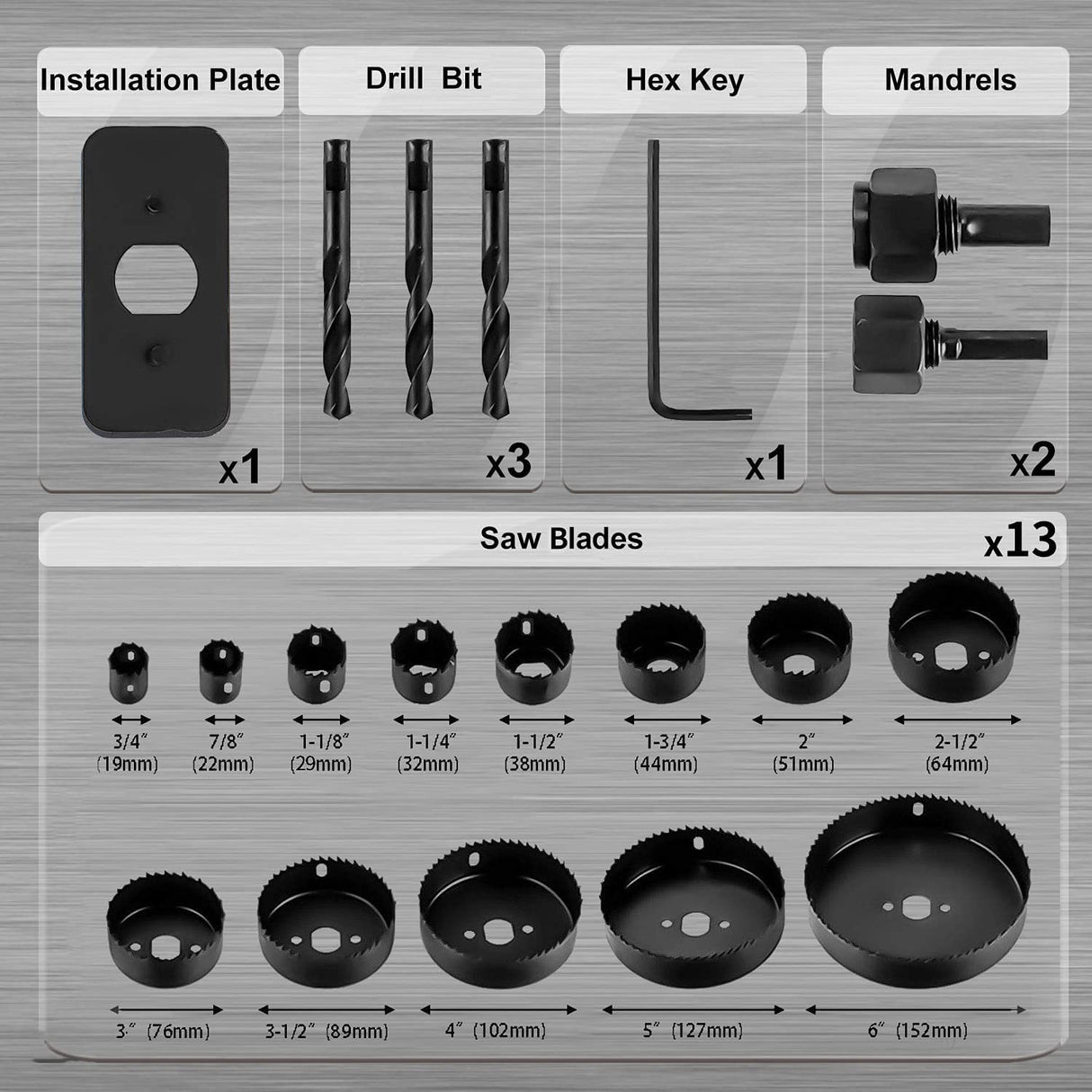 KATA Hole Saw Set 20PCS Hole Saw Kit with 3/4"-6"(19-152mm) 13PCS Saw Blades, 2 Mandrels, 3 Drill Bits, 1 Installation Plate, 1 Hex Key, Ideal for KATA