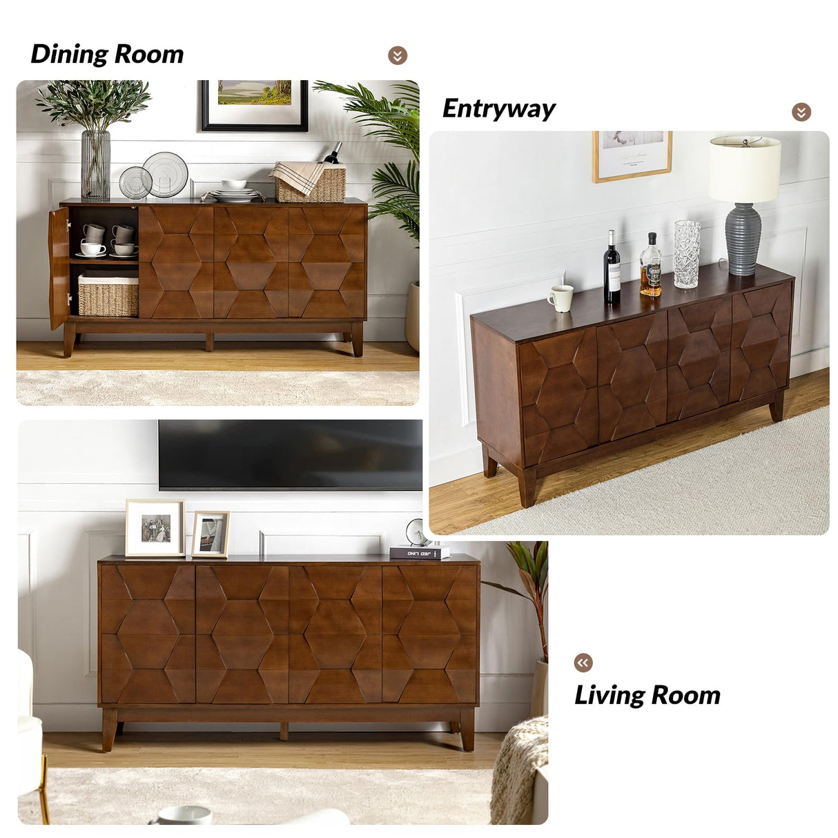 HULALA HOME Modern Sideboard Buffet Cabinet with Solid Wood Legs, 60" Kitchen Storage Cabinet Credenza with 4 Doors and 2 Interior Shelves, Accent HULALA HOME