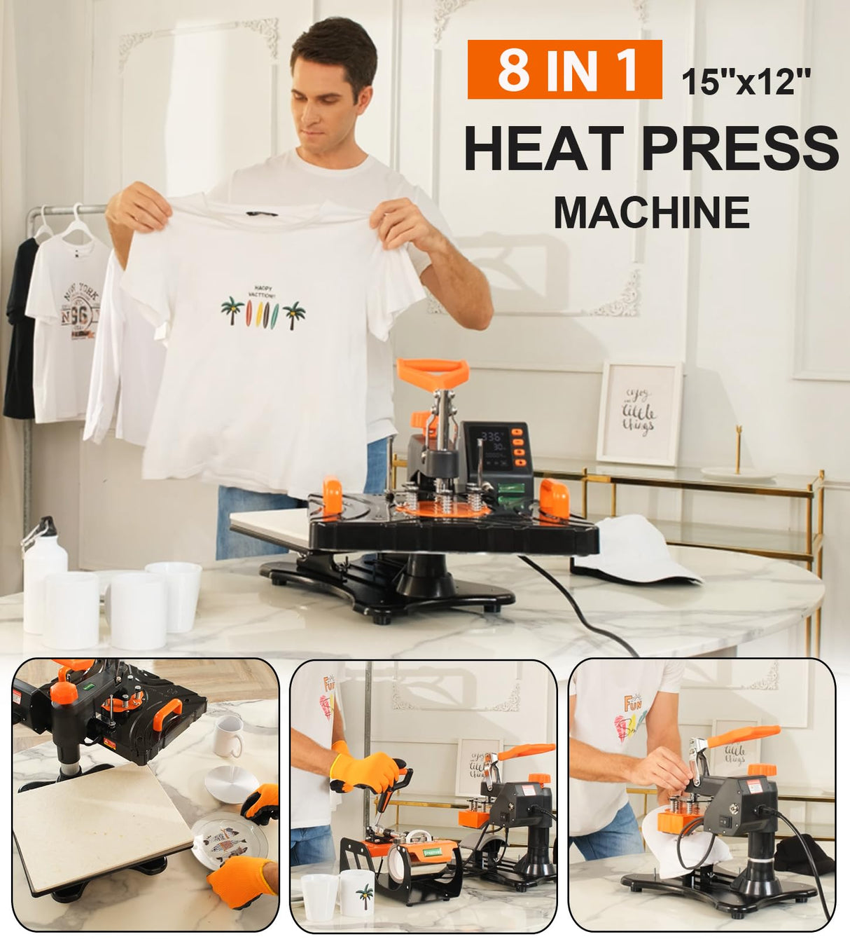 Whubefy Heat Press Machine 12"X15", 8 in 1 Heat Transfer Sublimation Machine Combo, Industrial 360° Swing Away T Shirt Pressing Machine, HTV Vinyl Whubefy