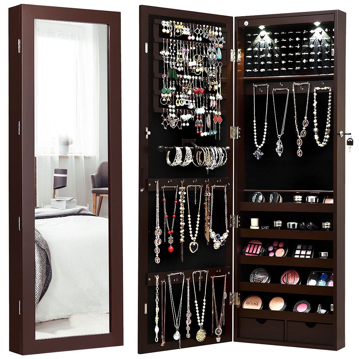 Giantex Jewelry Armoire Wall Door Mounted, Lockable Jewelry Cabinet with 42.5'' Full Length Mirror, 2 LEDs Jewelry Organizer Box with 2 Drawers, Giantex