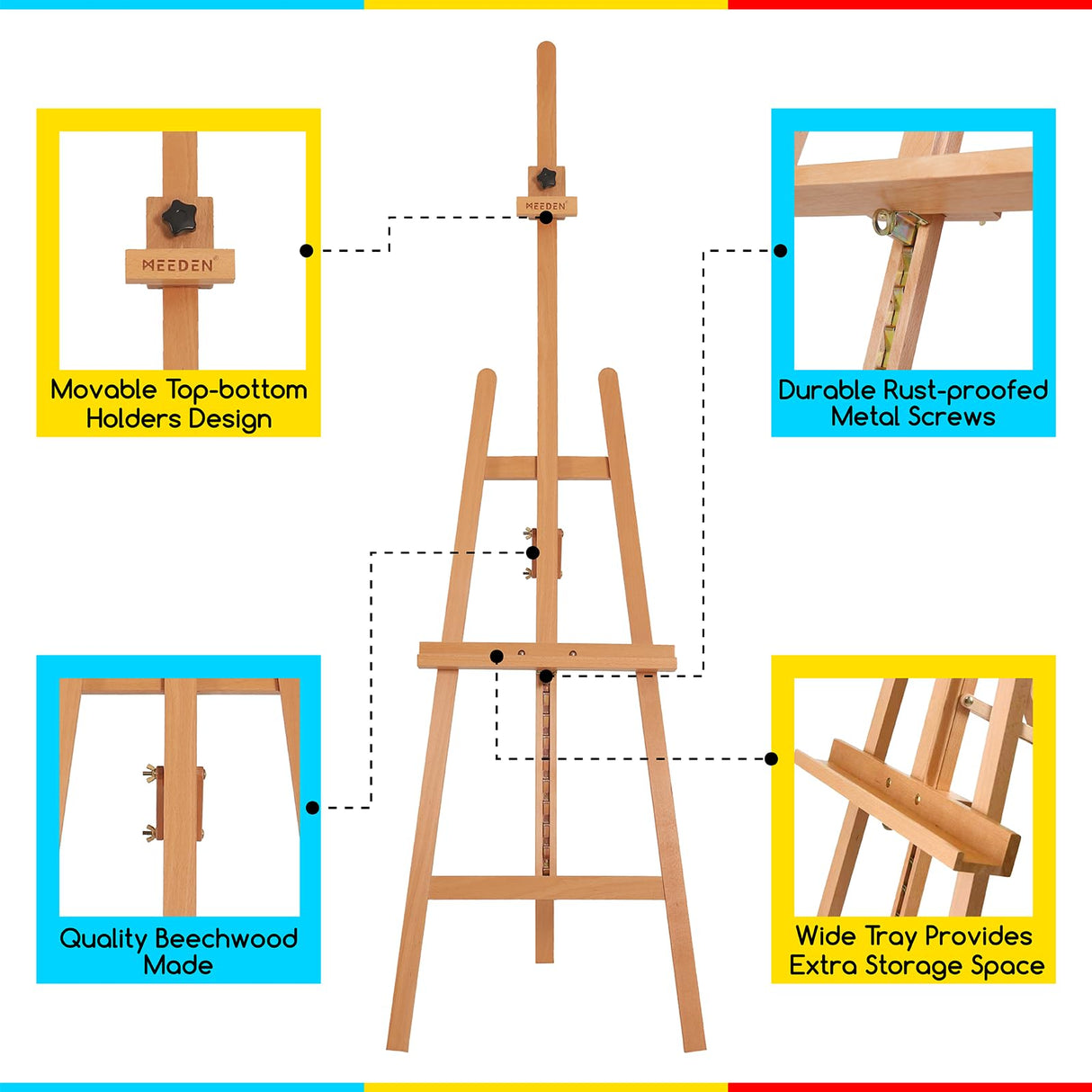 MEEDEN Large Basic Studio Easel, Solid Beech Wood Artist Easel,A-Frame Floor Painting Easel,Adjustable Height and Working Angles, Hold Canvas up to MEEDEN