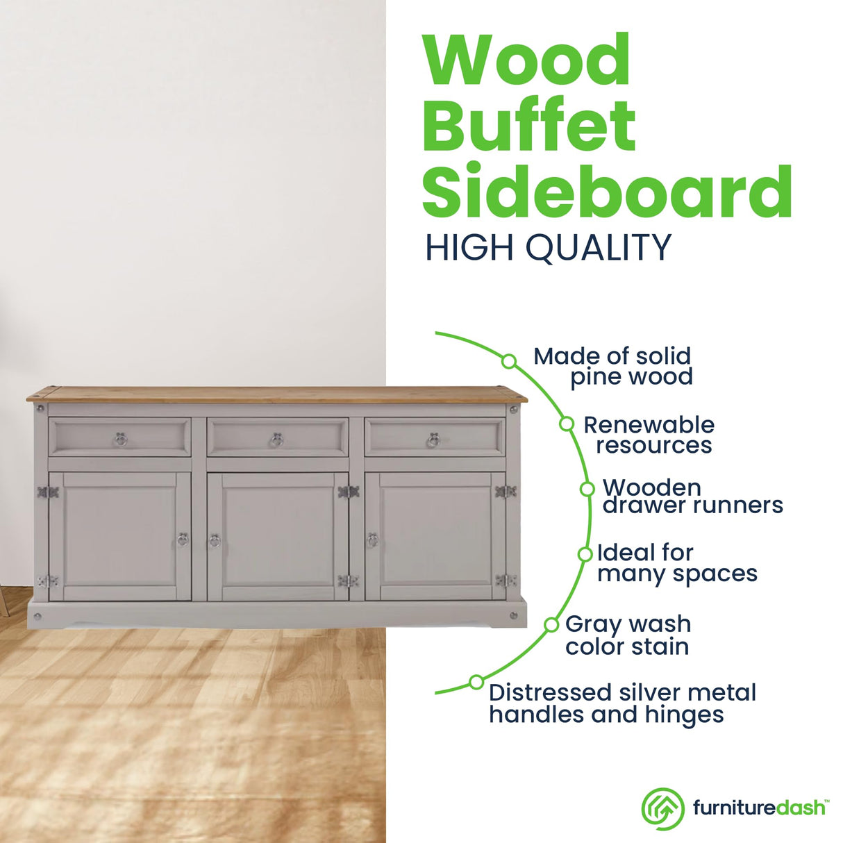 Furniture Dash Solid Wood Sideboard Buffet 65.9" W, 16.9" D, 31.6" H - Wooden Storage Cabinet, Cupboard Console Table, Ideal for Living Room, Kitchen Furniture Dash