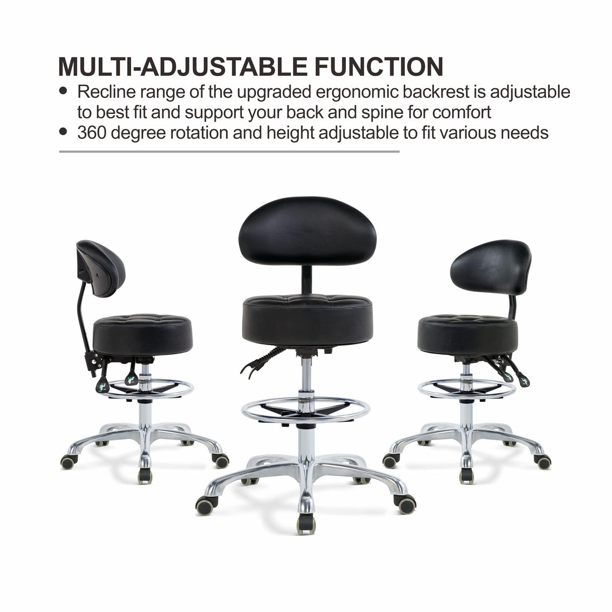 Grace & Grace Height Adjustable Rolling Swivel Tall Stool Chair with Back Support,Heavy Duty Stool with Wheels for Salon,Massage, Factory, Shop,Work Grace&Grace