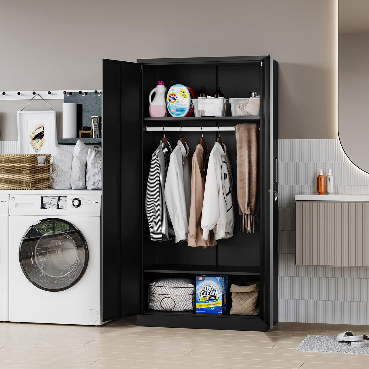 MIIIKO Steel Wardrobe Cabinet for Clothes, 72" Garments Closet Cabinet for Home Office and Bedroom with Shelves and Hanging Rod MIIIKO