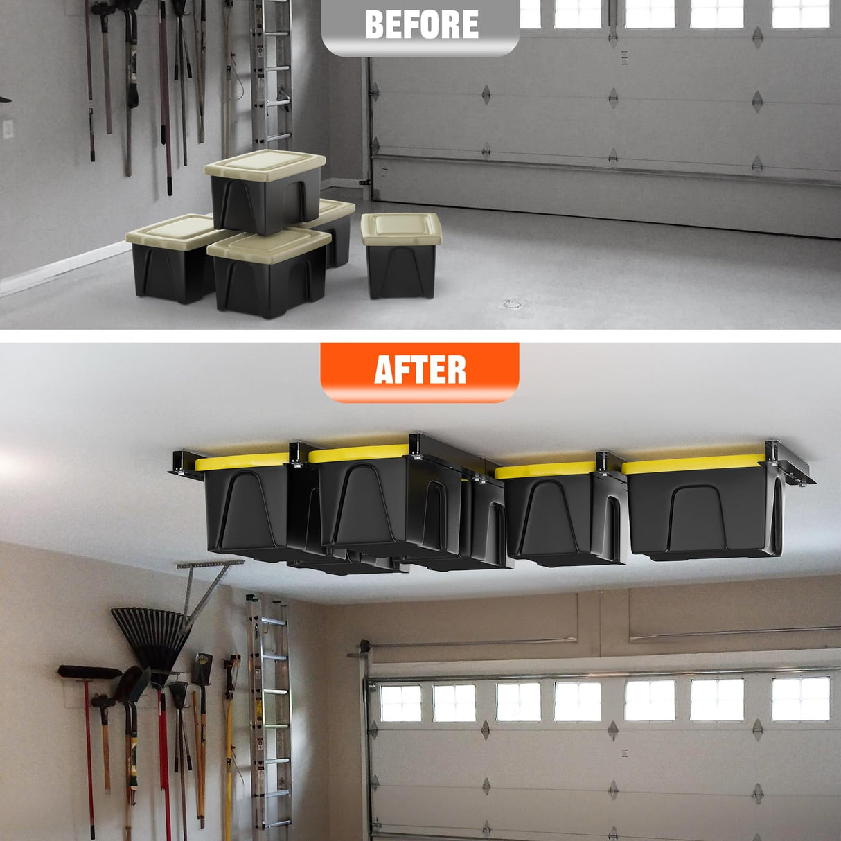 TORACK Garage Ceiling Bin Storage Rack, Overhead Tote Storage Rail System Heavy Duty Adjustable Tote Slide Garage Storage System(for 4 Bins, Bins are TORACK