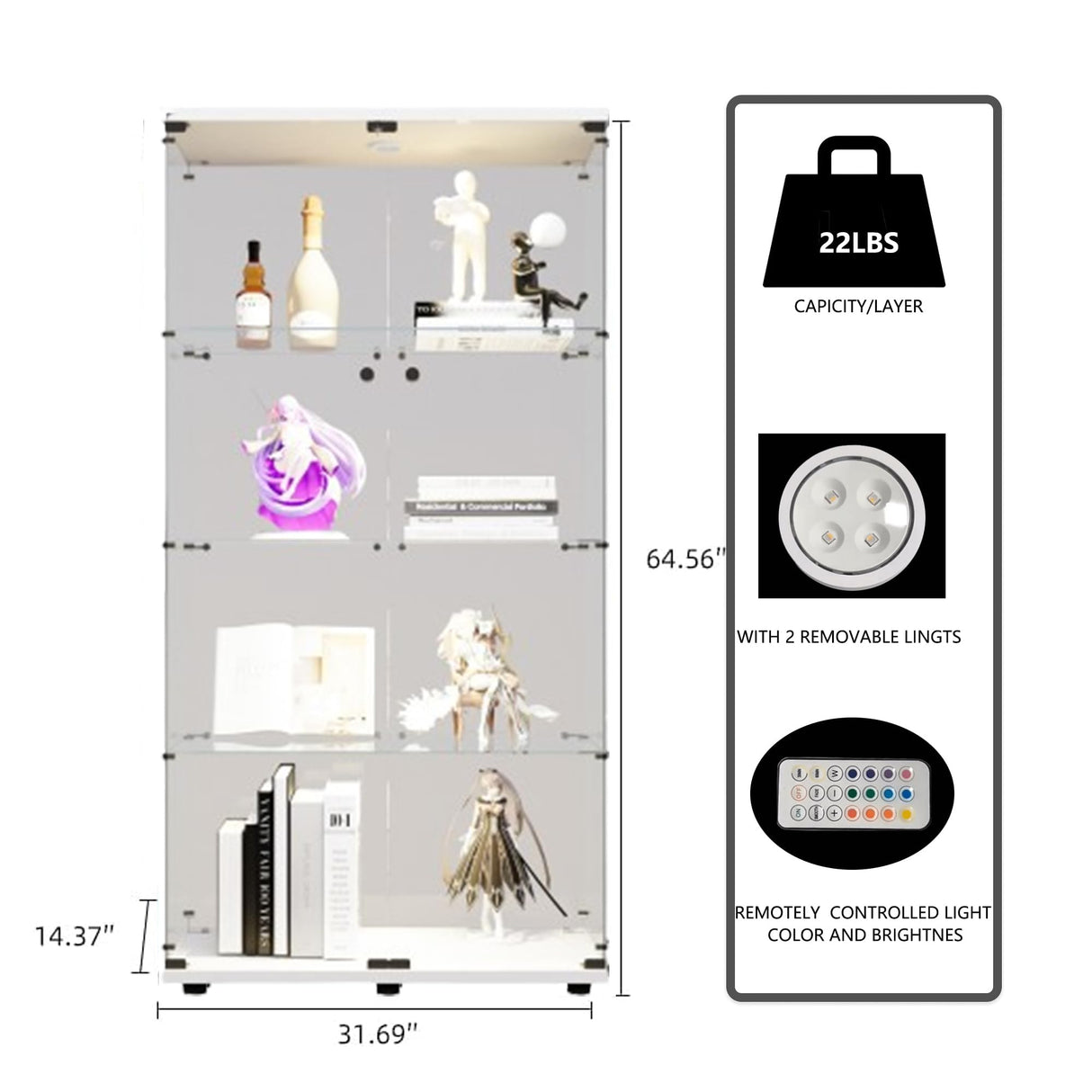 Zipzop 64.5'' Lighted Glass Display Cabinet with Lock and Remote Control - Modern Curio Showcase Zipzop