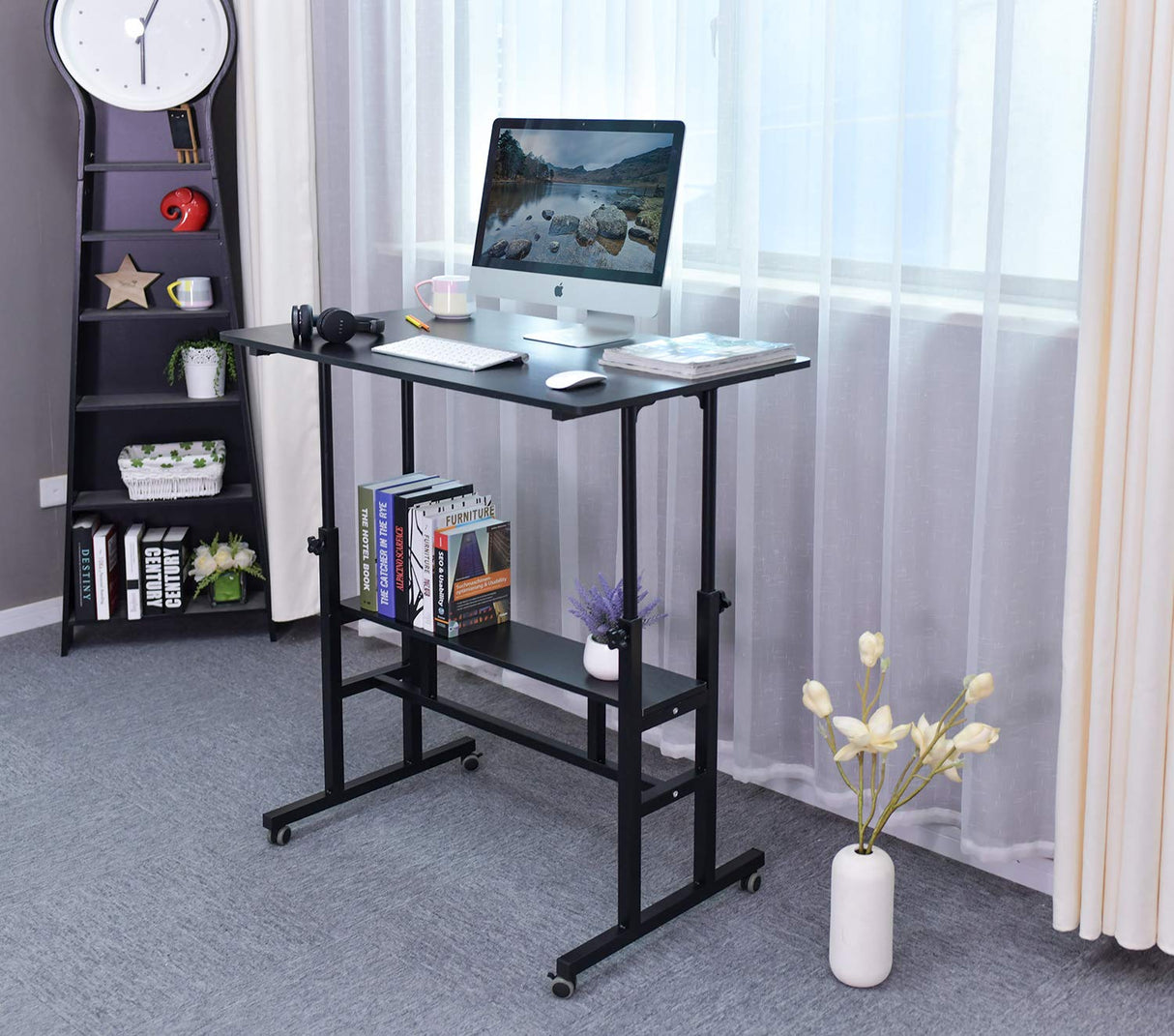 AIZ Mobile Standing Desk, Adjustable Computer Desk Rolling Laptop Cart on Wheels Home Office Computer Workstation, Portable Laptop Stand Tall Table AIZ