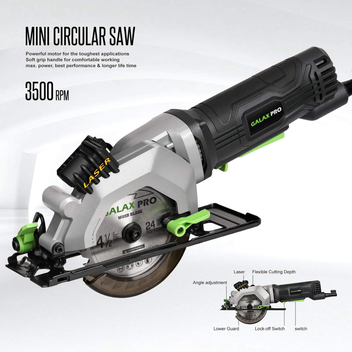 GALAX PRO 4Amp 3500RPM Circular Saw with Laser Guide, Max. Cutting Depth1-11/16"(90°), 1-1/8"(45°)Compact Saw with 4-1/2" 24T TCT Blade, Vacuum GALAX PRO