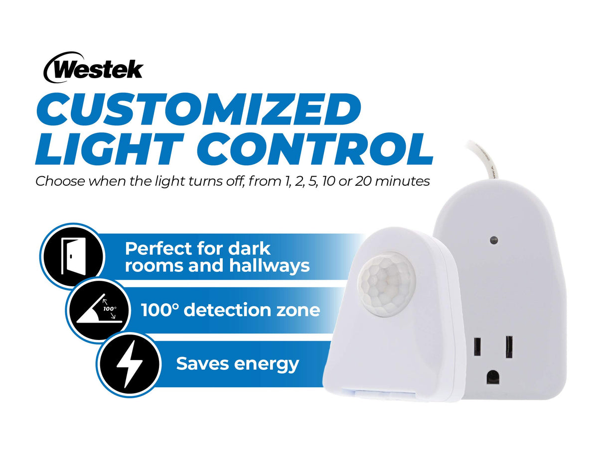 Westek Plug In Motion Sensor Outlet Light Control, 2 Pack - Indoor Motion Sensor Device Activates Lights When Motion is Detected - Ideal for Dark Westek