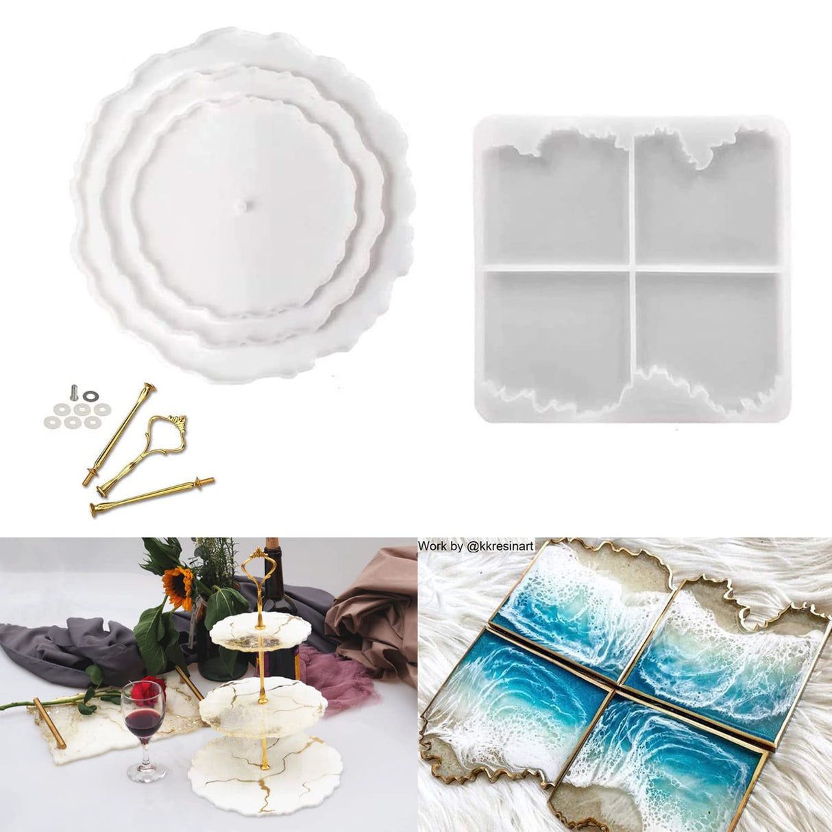 ResinWorld Resin Coaster Molds, Silicone Coaster Molds for Epoxy Resin + 3 Tier Resin Mold, Cake Stand Molds for Resin ResinWorld