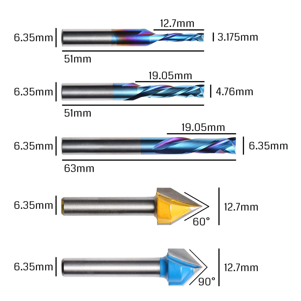 Genmitsu General Purpose CNC Router Bit Collection, 1/4" Shank, Nano Blue Coating, MC10A Genmitsu