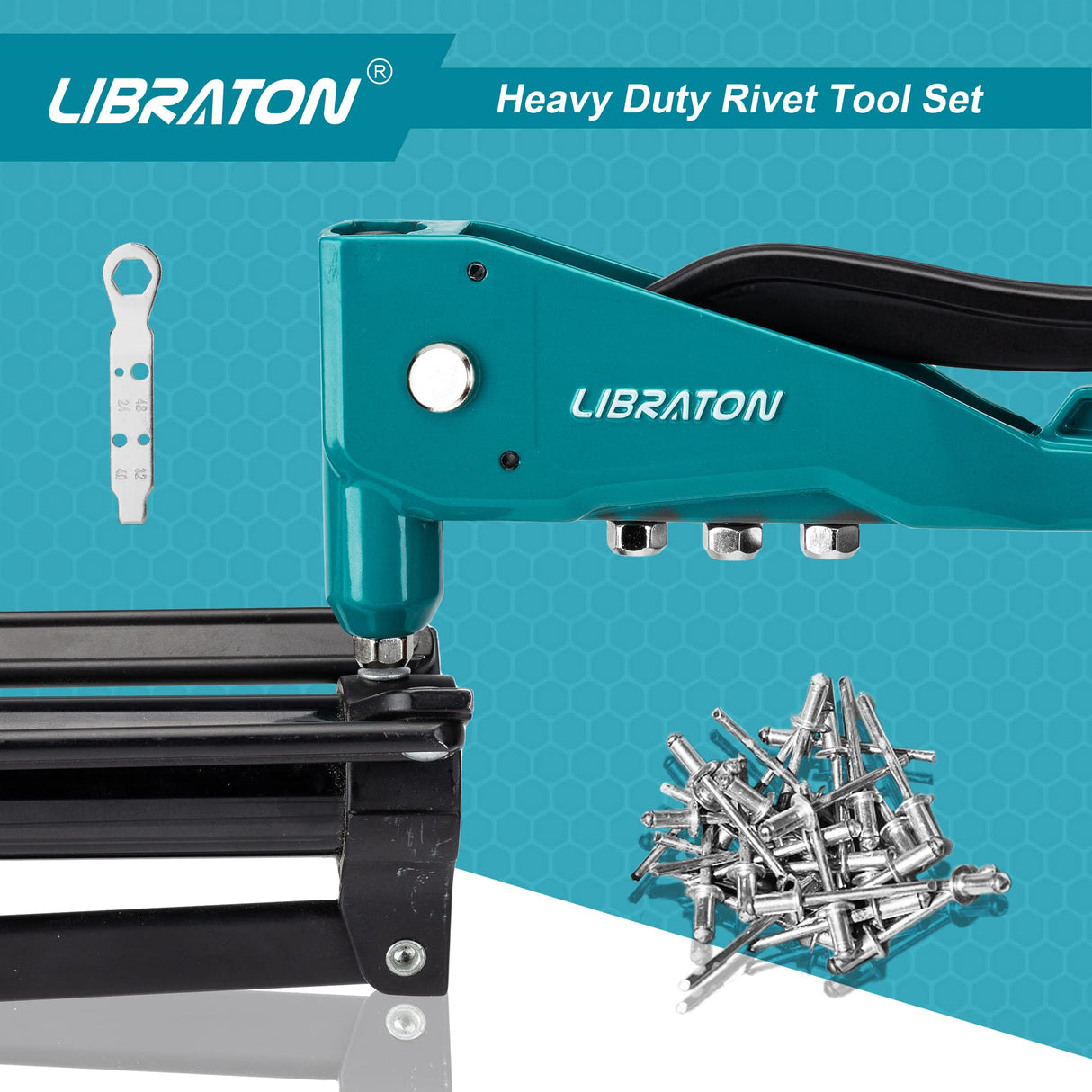 Libraton Heavy Duty Rivet Gun, Pop Rivet Gun Set, Professional Hand Riveter, Manual Riveting Tool with 110Pcs Rivets and 4 Interchangeable Heads, for LIBRATON