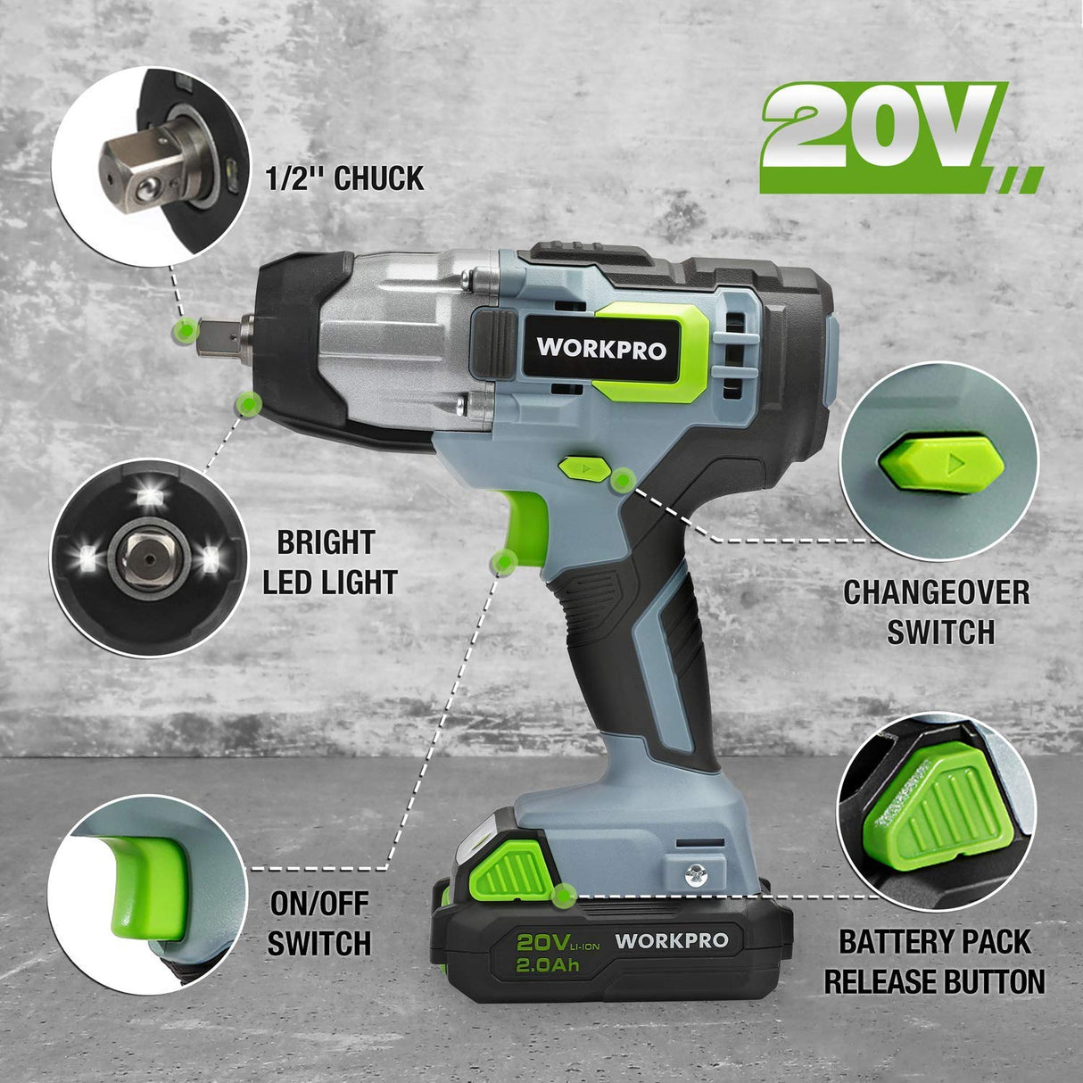WORKPRO 20V Cordless Impact Wrench, 1/2-inch, 320 Ft Pounds Max Torque, 2.0Ah Li-ion Battery with Fast Charger, Belt Clip for Easy Carrying WORKPRO